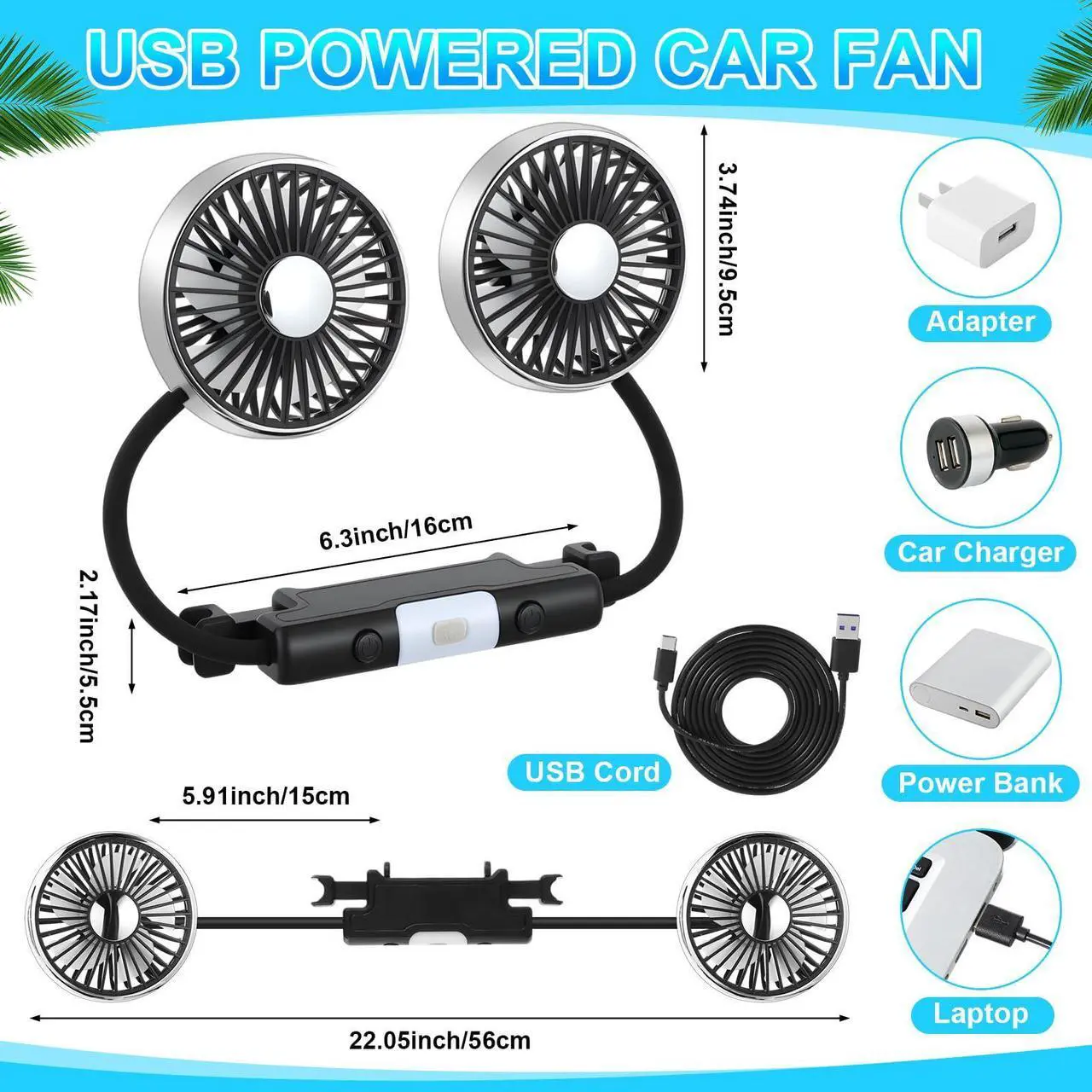 Alt view image 2 of 5 - DaisyInner 2 Pcs Car Fan for Backseat Dual Car Backseat Cooling Fans 360 Degree Rotatable Car Seat Fan with LED Light USB Car Rear Seat Fan for SUV RV Sedan Cruise Van Boat