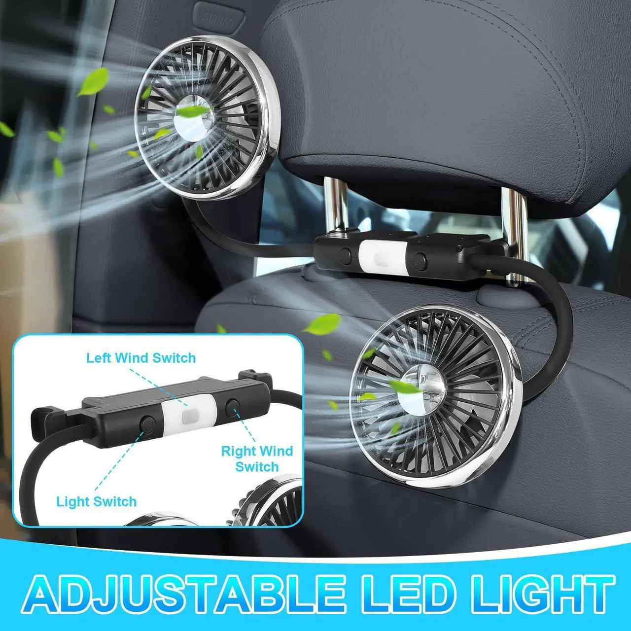 Alt view image 5 of 5 - DaisyInner 2 Pcs Car Fan for Backseat Dual Car Backseat Cooling Fans 360 Degree Rotatable Car Seat Fan with LED Light USB Car Rear Seat Fan for SUV RV Sedan Cruise Van Boat