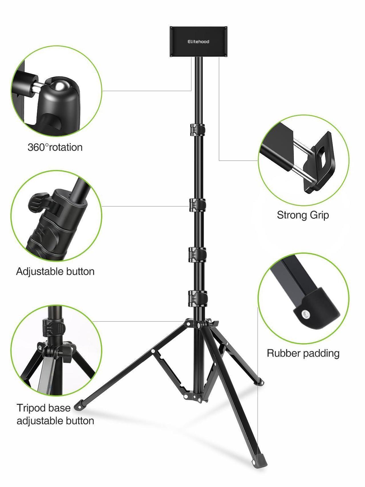 Alt view image 5 of 5 - elitehood iPad Tripod Stand, 65 Inch Height Adjustable, 360 Rotating, Compatible with 4.7-13.5 Inch Tablets & Phones, Black