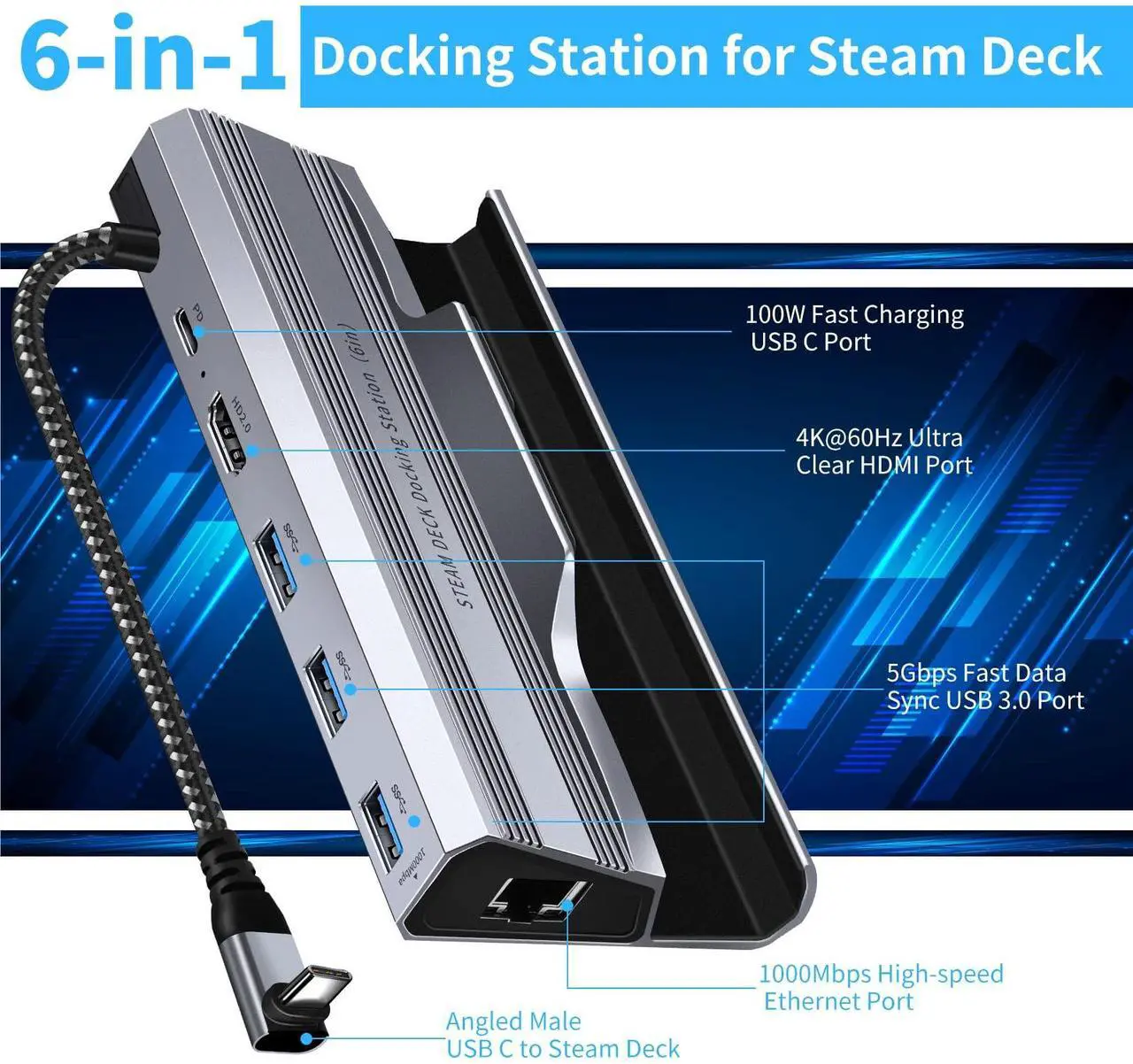 Alt view image 2 of 5 - Steam Deck Dock 6-in-1 Docking Station for Steam Deck with HDMI 4K@60Hz Gigabit Ethernet USB 3.0 Ports and 100W USB-C Charging Port Compatible with Steam Deck OLED/ROG Ally