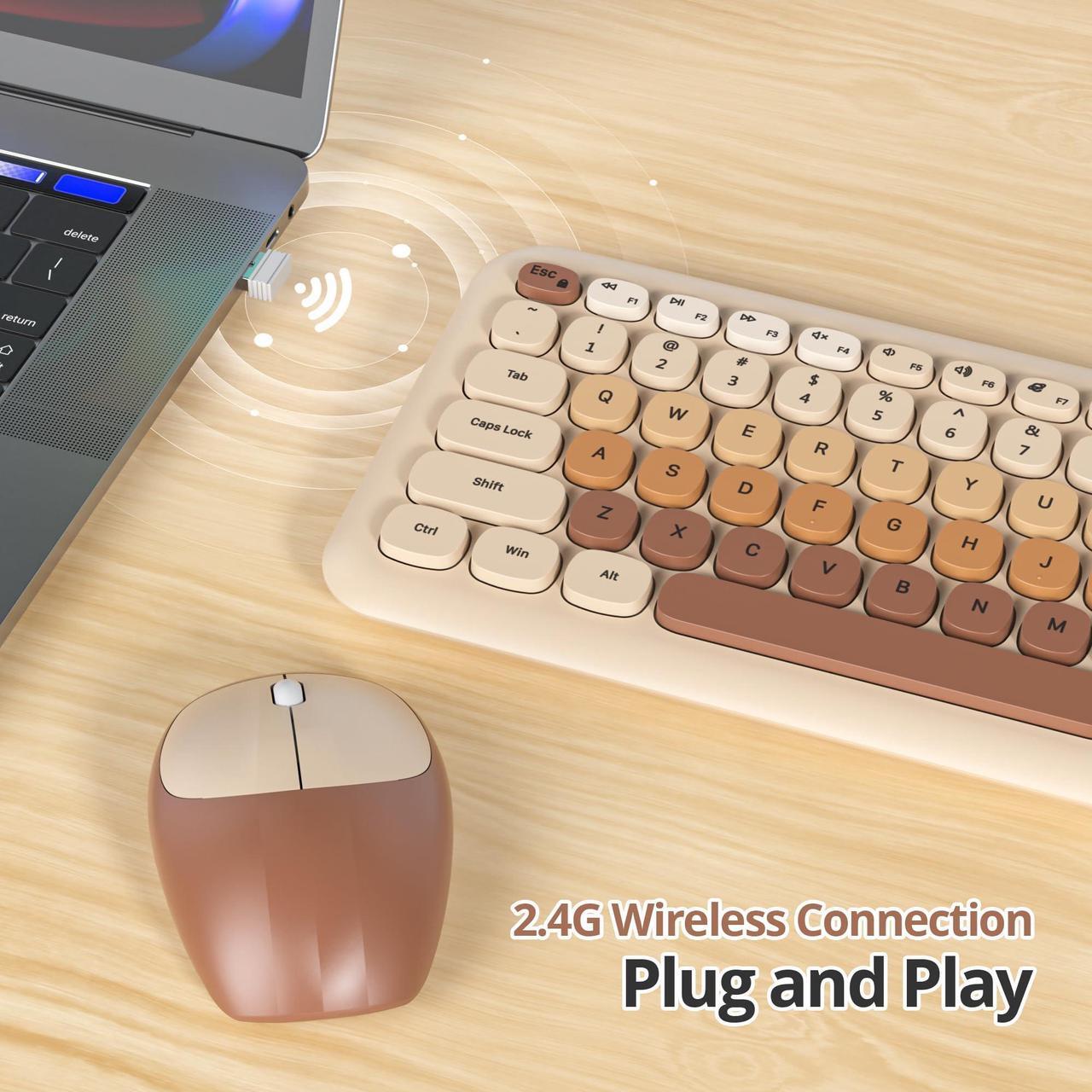 Alt view image 3 of 5 - iRoboosta Brown Colorful Wireless Keyboard and Mouse Combo Set, 2.4GHz Retro Typewriter Aesthetic Full Size Cute Keyboard with Number Pad, Home and Office Silent Keyboards (Gradient Coffee)