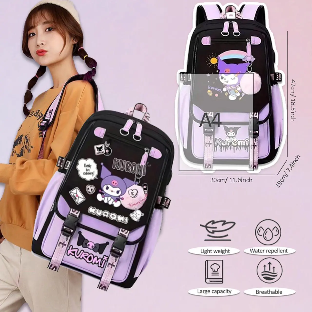 Alt view image 3 of 5 - Roffatide Anime Kuromi Backpack Business Laptop Backpacks Travel Hiking Daypacks Rucksack 17 Inch