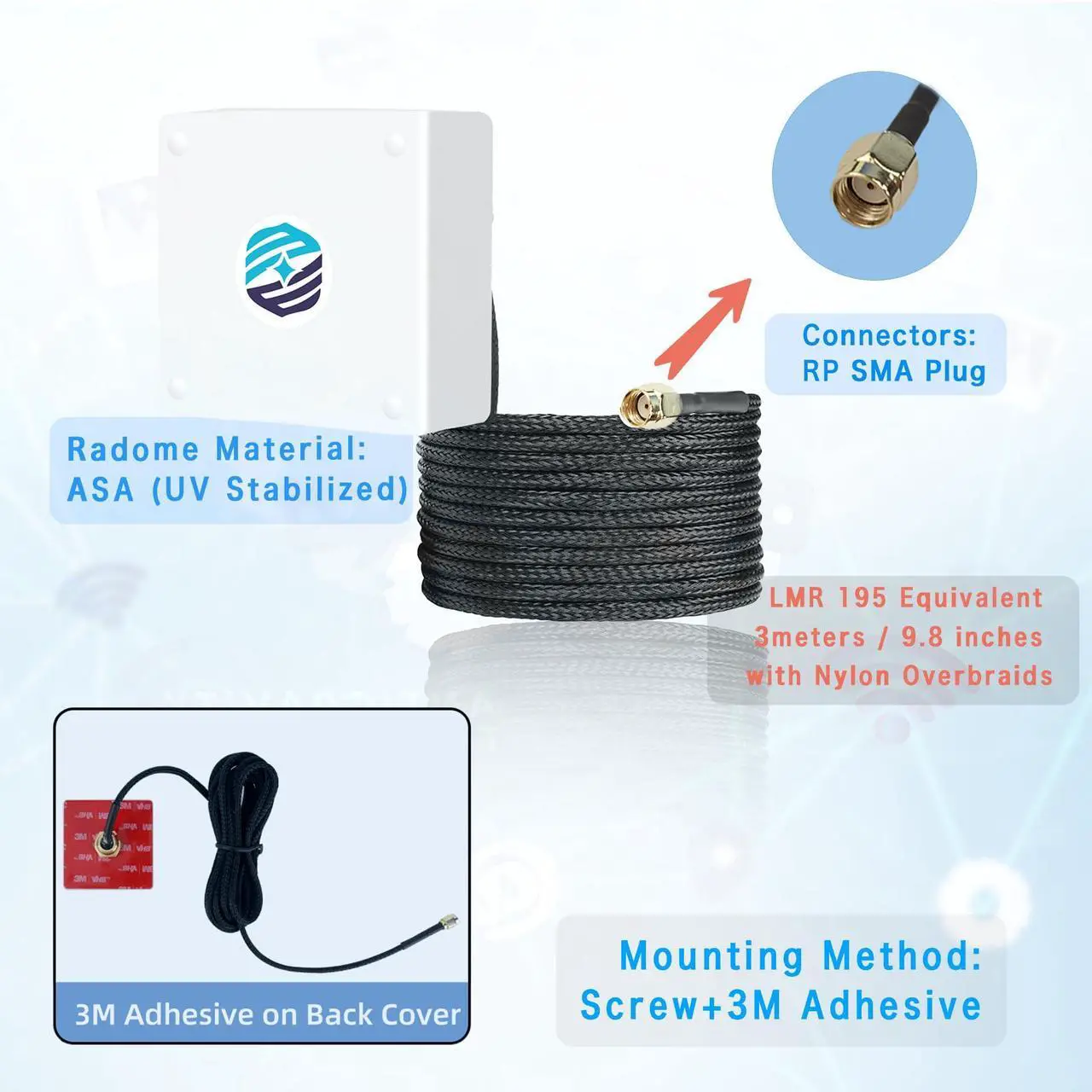Alt view image 4 of 5 - Maswell WiFi 6E Antenna 2.1-7.2 GHz Screw and 3M Adhesive Mount IP67 9.8 inches with Nylon overbraids Cable for WiFi 5 WiFi 6 WiFi 6E Wimax Bluetooth Zigbee Outdoor IoT Antenna, NOT for Boosting