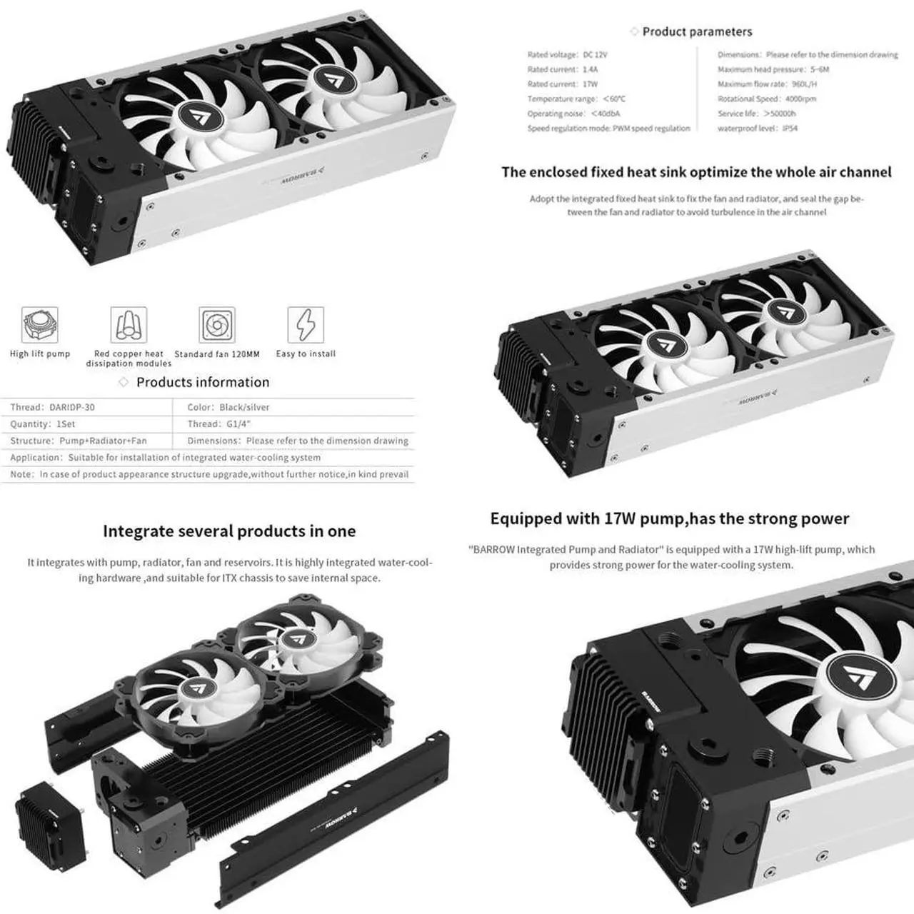 Alt view image 3 of 5 - Barrow 360 240 Pc Water koeling Kit 17W Pump Radiator 120MM Fan Case Integratie Set (240MM Silver)