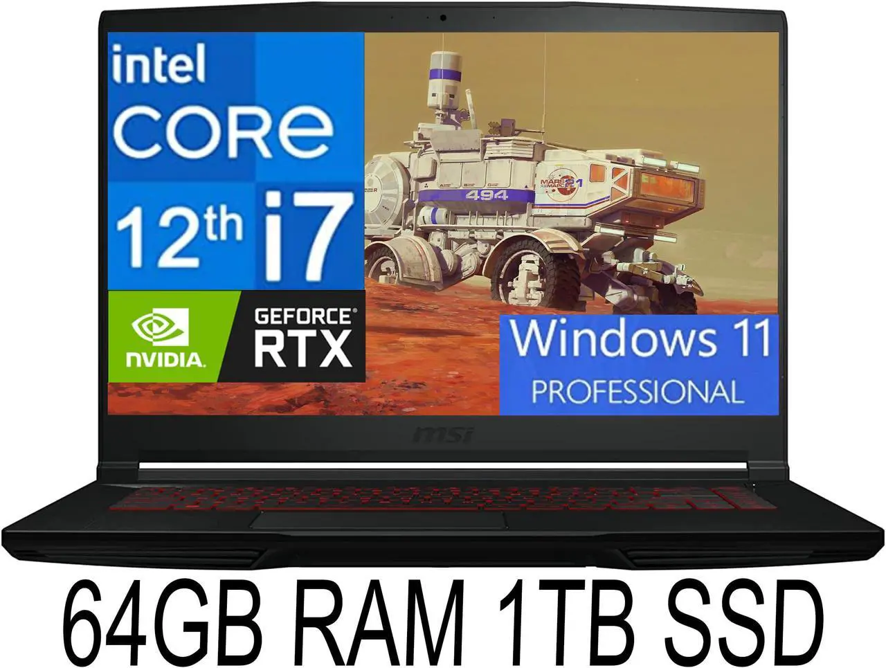 Main image of MSI GF63 Thin Gaming Laptop, 15.6" FHDIPS 144Hz,12th Gen Intel 10-core i7-12650H, GeForceRTX 4C50, 64GB DDR4  1TB PCIe SSD, Type-c, cooler Boost5, Windows 11 Pro