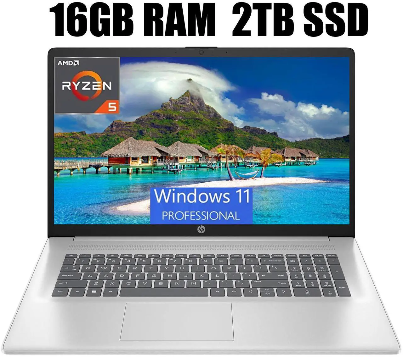 Main image of HP 17 Laptop, 17.3" FHD (1920 x 1080) Display, AMD Ryzen 5 7430U 6 cores Processor, AMD Radeon Graphics, 16GB DDR4  2TB PCIe SSD, HDMI, Wi-Fi 6, Bluetooth, Windows 11 Pro