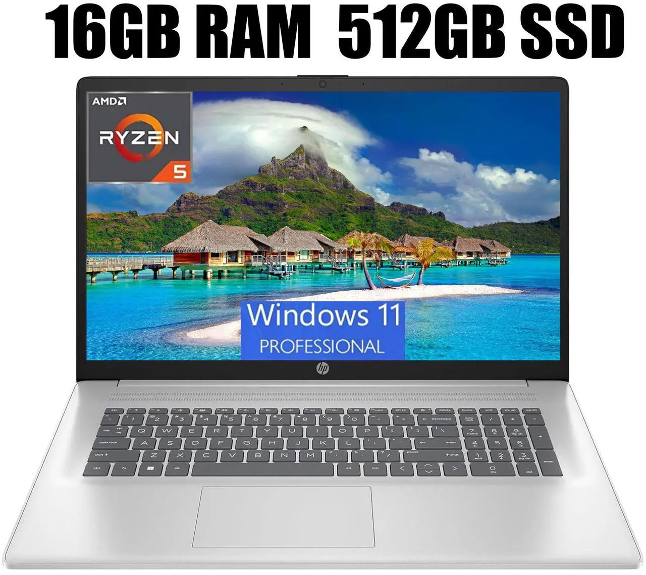 Main image of HP 17 Laptop, 17.3" FHD (1920 x 1080) Display, AMD Ryzen 5 7430U 6 cores Processor, AMD Radeon Graphics, 16GB DDR4  512GB PCIe SSD, HDMI, Wi-Fi 6, Bluetooth, Windows 11 Pro