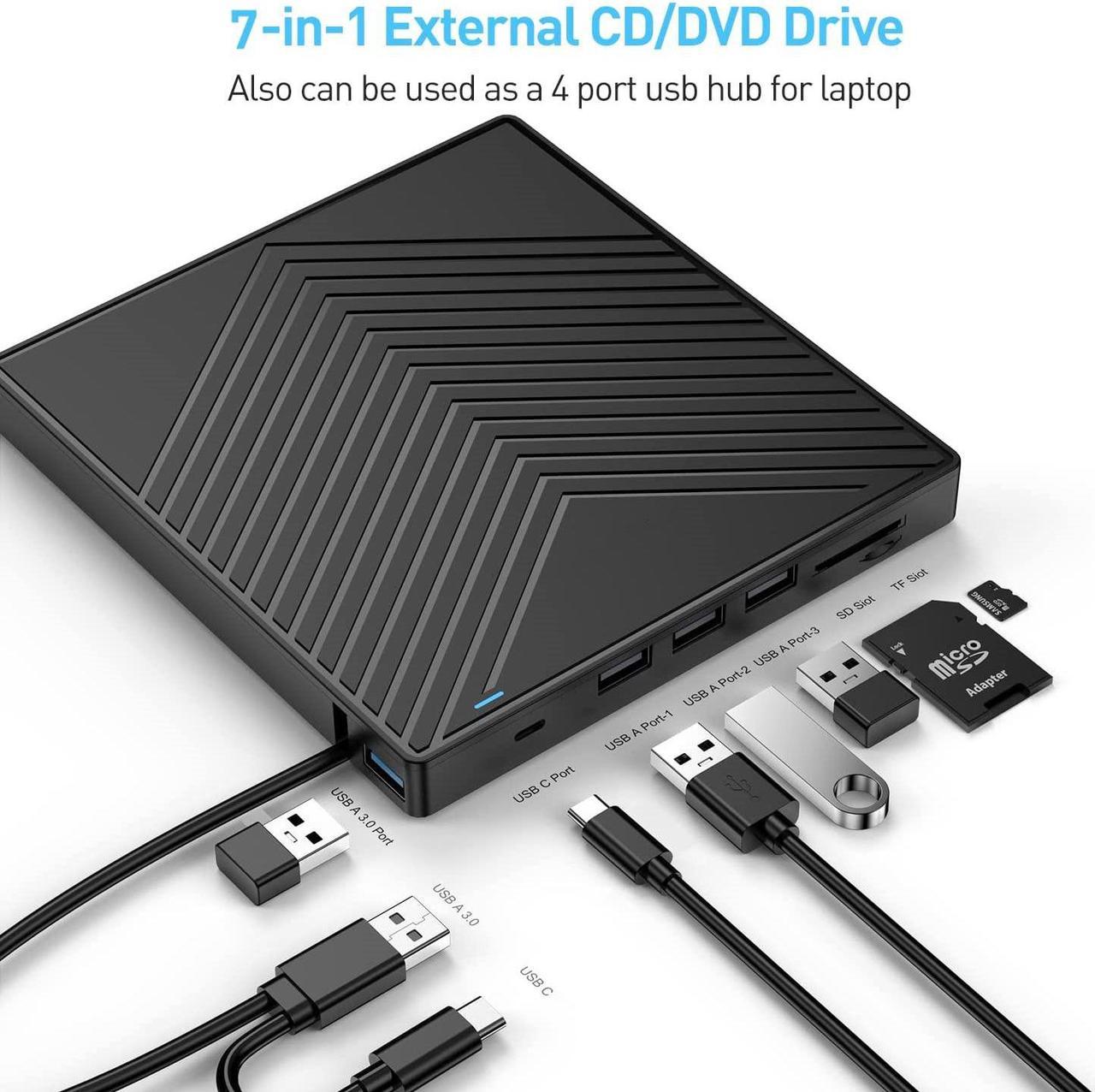 SURF CUZ  External CD DVD Drive, Ultra Slim CD Burner USB 3.0 with 4 USB Ports and 2 TF/SD Card Slots, Optical Disk Drive for Laptop Mac, PC Windows 11/10/8/7 Linux OS