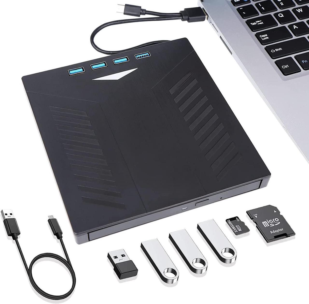 External CD DVD Drive, USB 3.0 Type-C CD DVD +/-RW Optical Drive, Ultra-Slim Drive with 4 USB Ports and 2 SD Card Slots, Compatible with Laptop PC Linux Windows Mac OS