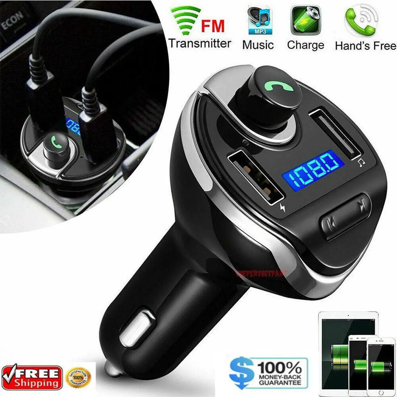 Alt view image 7 of 7 - Wireless In-Car Bluetooth FM Transmitter MP3 Radio Adapter Car Fast USB Charger