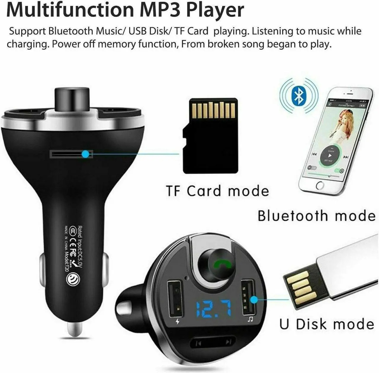 Alt view image 5 of 7 - Wireless In-Car Bluetooth FM Transmitter MP3 Radio Adapter Car Fast USB Charger