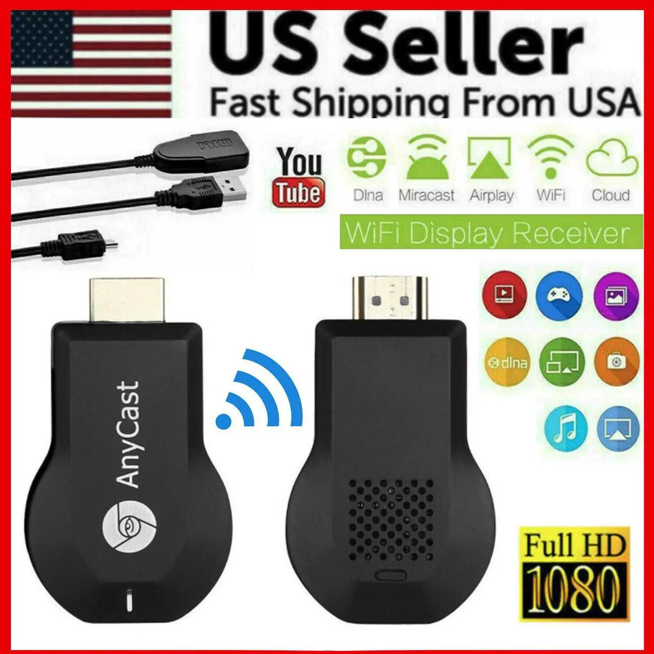 Alt view image 7 of 7 - Wireless WiFi Display Dongle 1080P HDMI TV Stick DLNA Aircast Miracast AnyCast