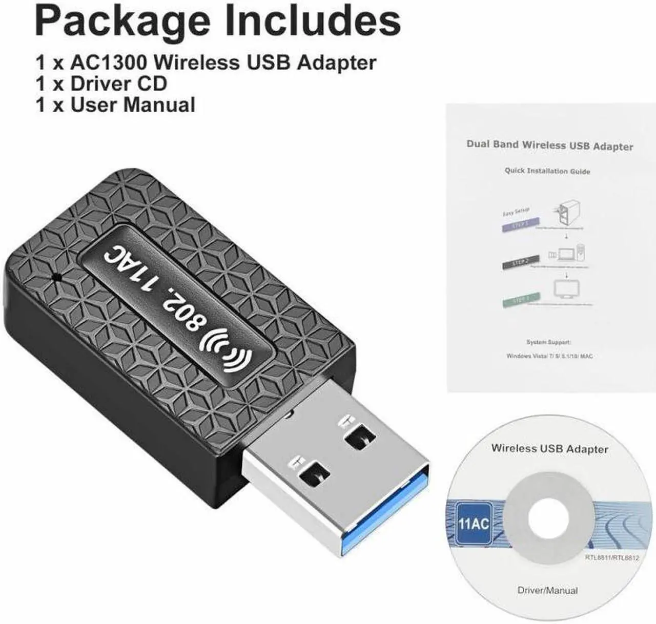 Main image of 1300Mbps USB3.0 Wireless WiFi Adapter Dongle Dual Band 5G/2.4G Desktop Laptop PC