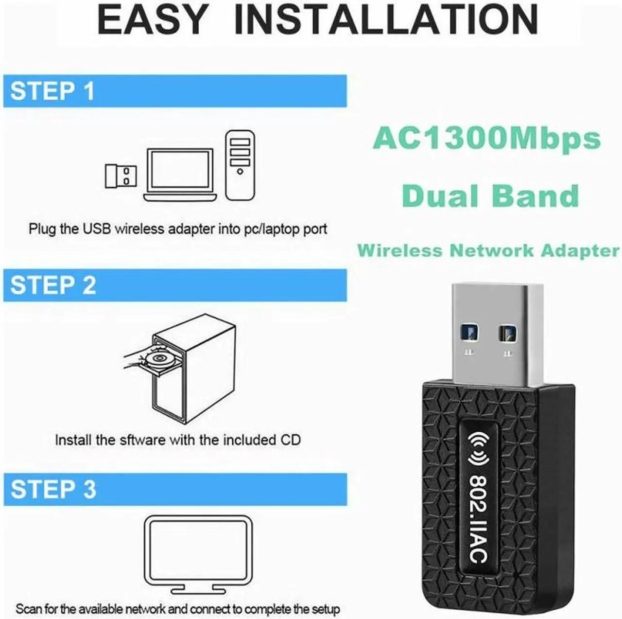 Alt view image 6 of 7 - 1300Mbps USB3.0 Wireless WiFi Adapter Dongle Dual Band 5G/2.4G Desktop Laptop PC
