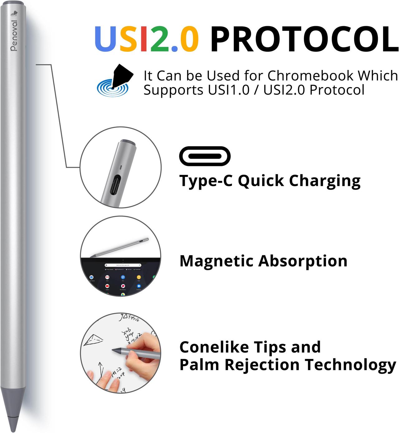 Alt view image 2 of 13 - Penoval USI2.0 Stylus Pen for Chromebook, 4096 Levels Pressure for Lenovo chromebook Duet, ASUS chromebook C436, HP chromebook X360 12b, HP chromebook X360 14b Google Pixel Tablet, USI2.0