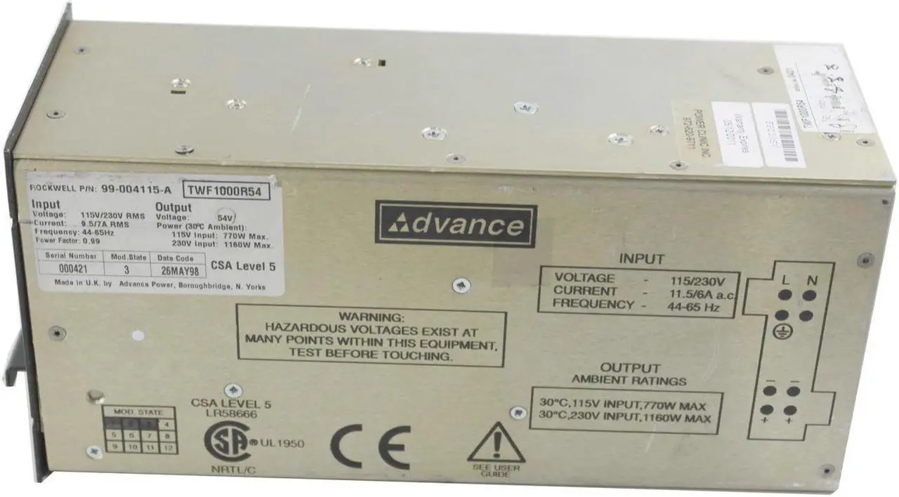 Alt view image 2 of 3 - Rockwell Power Clinic Advance TWF1000R54 Server Power Supply 115-230V 770-1160W 99-004115-A 972-620-9711