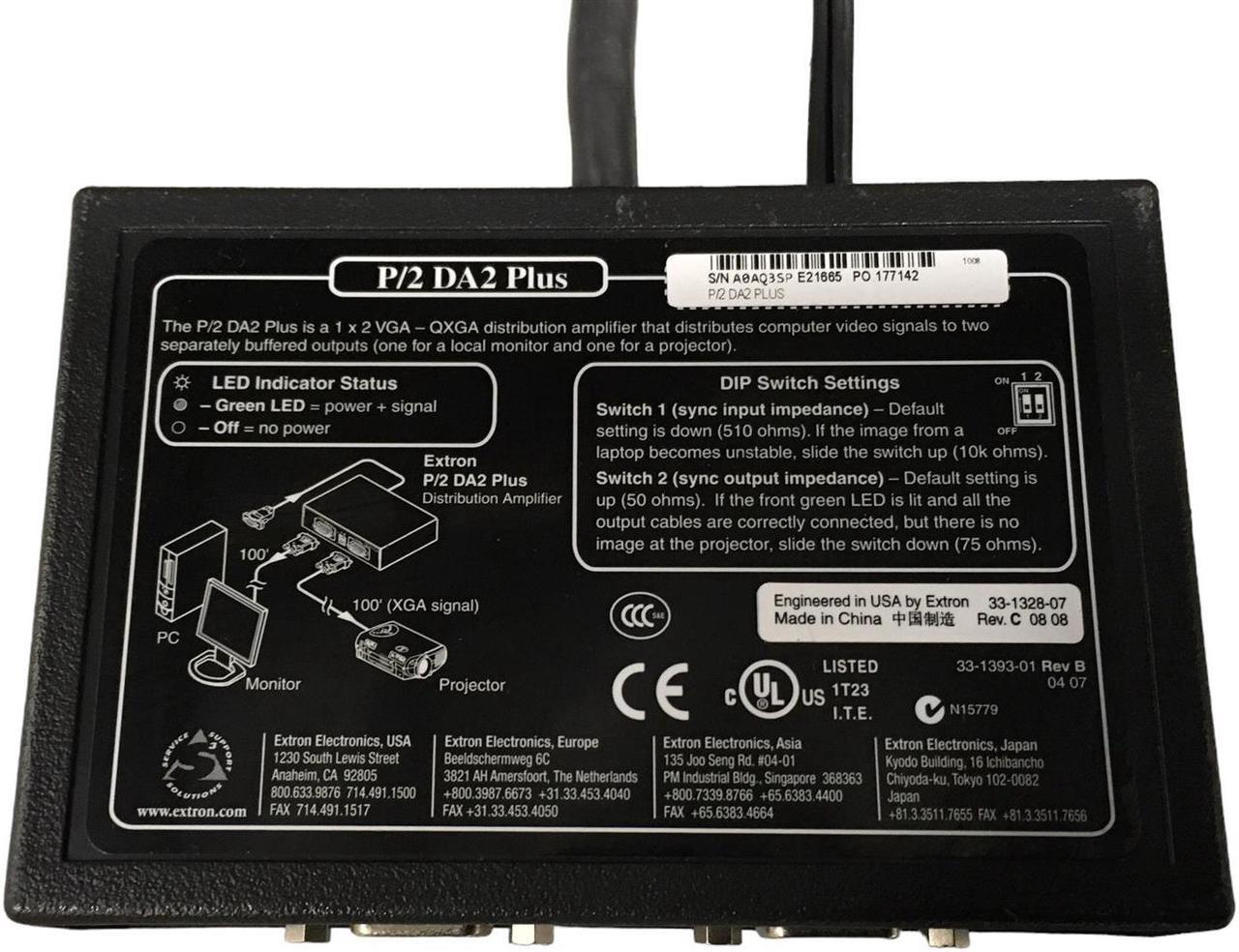 Alt view image 5 of 7 - Extron P/2 DA2 PLUS Dual Output VGA/DVI Distribution Amplifier Splitter Amp