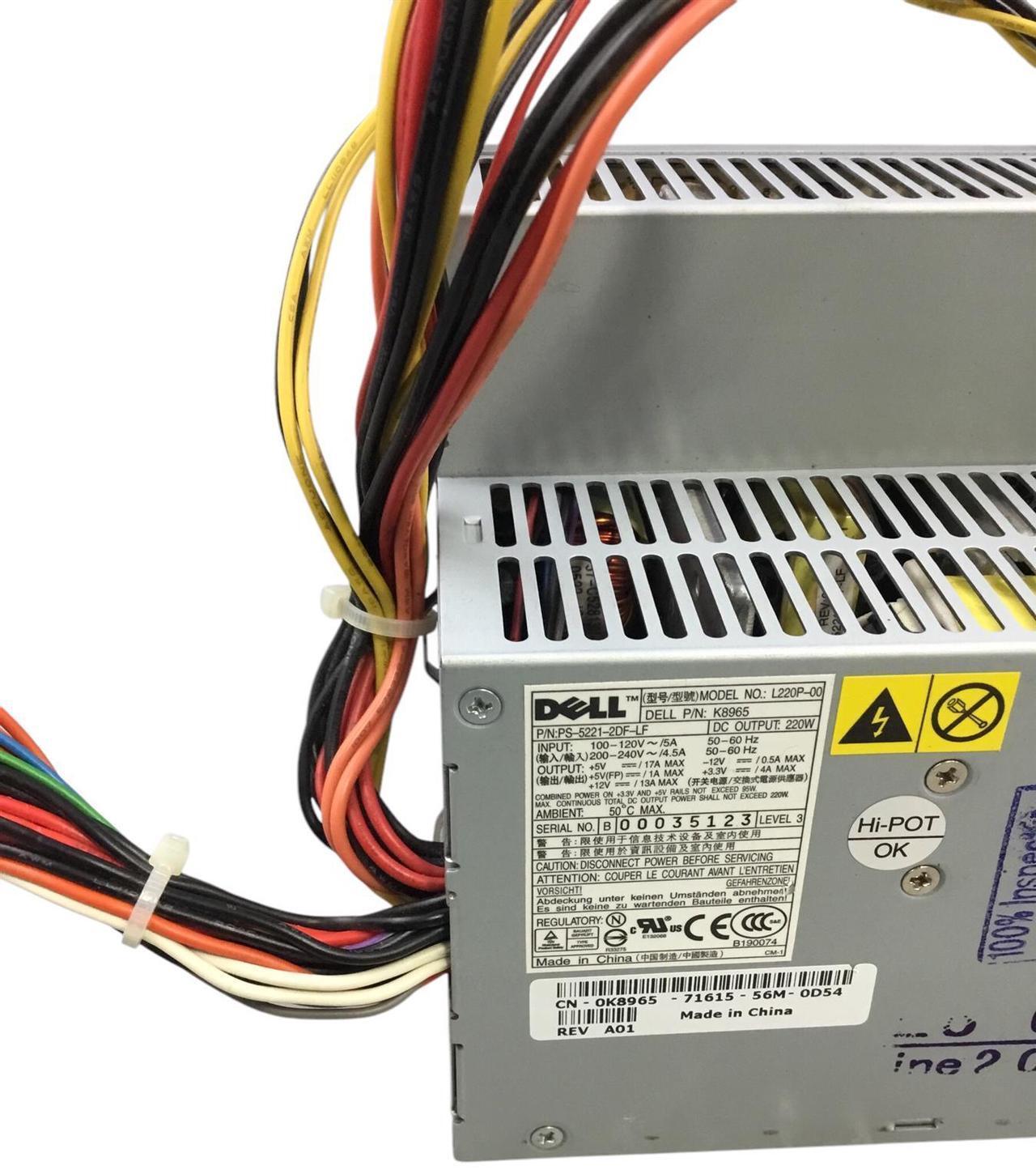 Alt view image 2 of 4 - Dell Desktop PC Power Supply L220P-00 220W 0K8965 PS-5221-2DF-LF