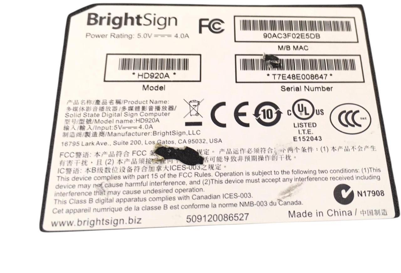 Alt view image 5 of 5 - BrightSign HD920A Black 5 Volts Digital Signage Display Media Player Device Only