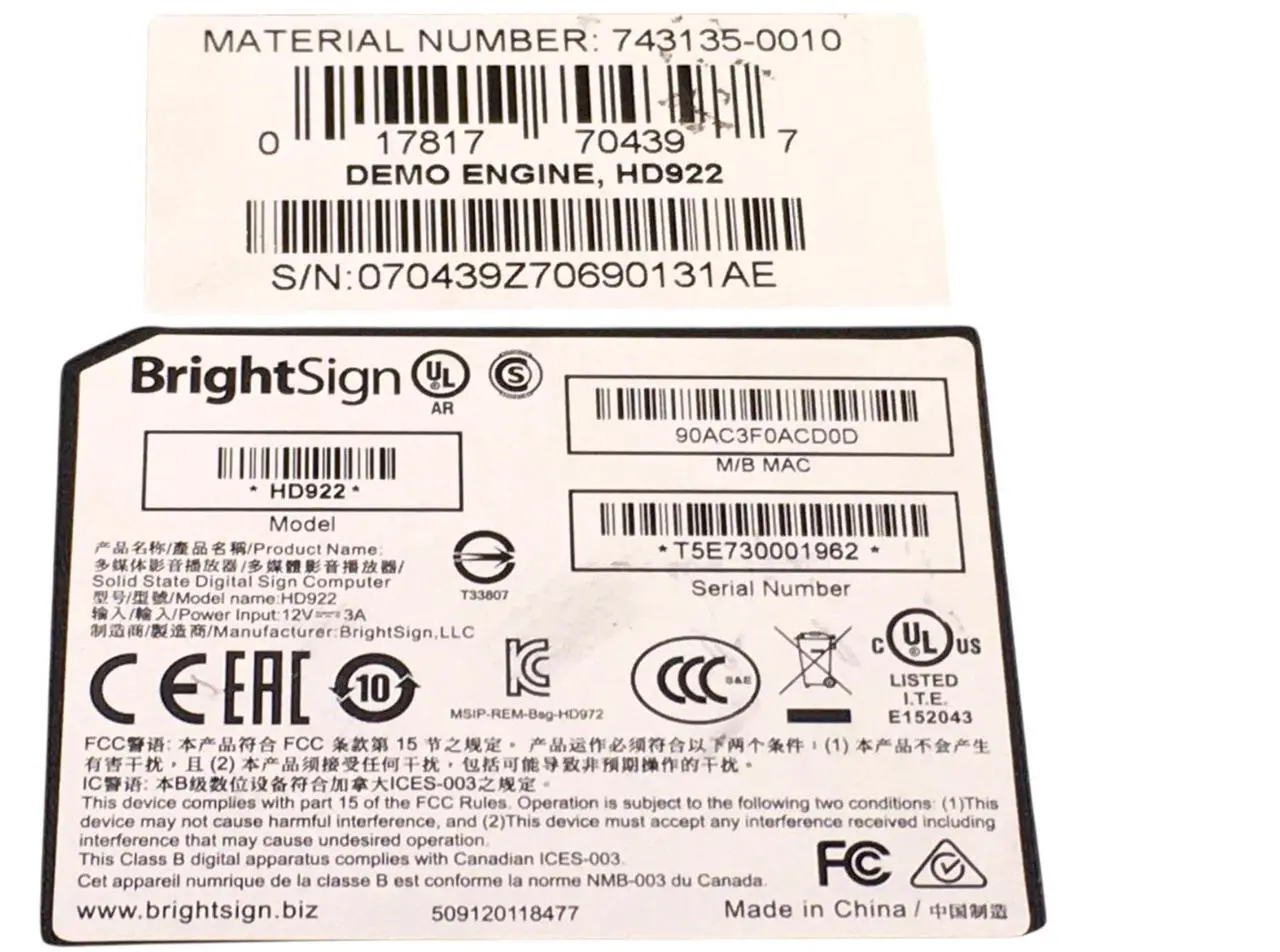 Alt view image 5 of 7 - BrightSign HD Digital Sign Controller HD922 Media Player SD USB HDMI No Adapter
