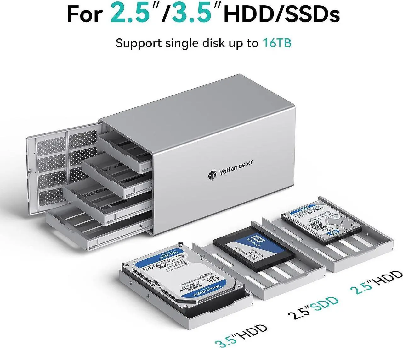 Alt view image 2 of 7 - Yottamaster 4 Bay RAID Enclosure,Aluminum 4 Bay 2.5/3.5 Inch USB3.0 RAID External HDD Array Enclosure SATA3.0 Support 4 x16TB & UASP,Mac Style Designed for Personal Storage at Home&Office