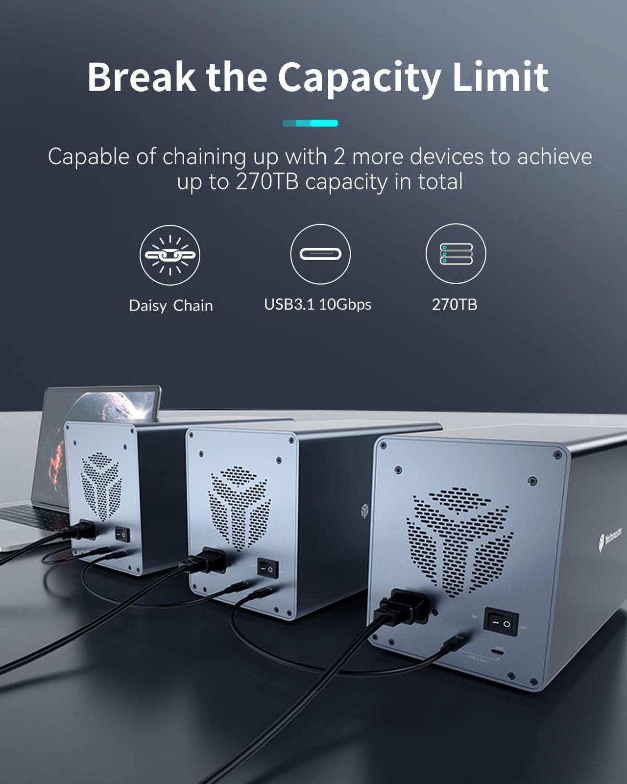 Alt view image 2 of 7 - Yottamaster 10Gbps 5 Bay USB C Hard Drive Enclosure Daisy Chain, Type-C External HDD Enclosure Support 2.5"/3.5" SATA HDD SSD up to 5X18TB - Daisy Chaining Support 270TB Storage Expansion