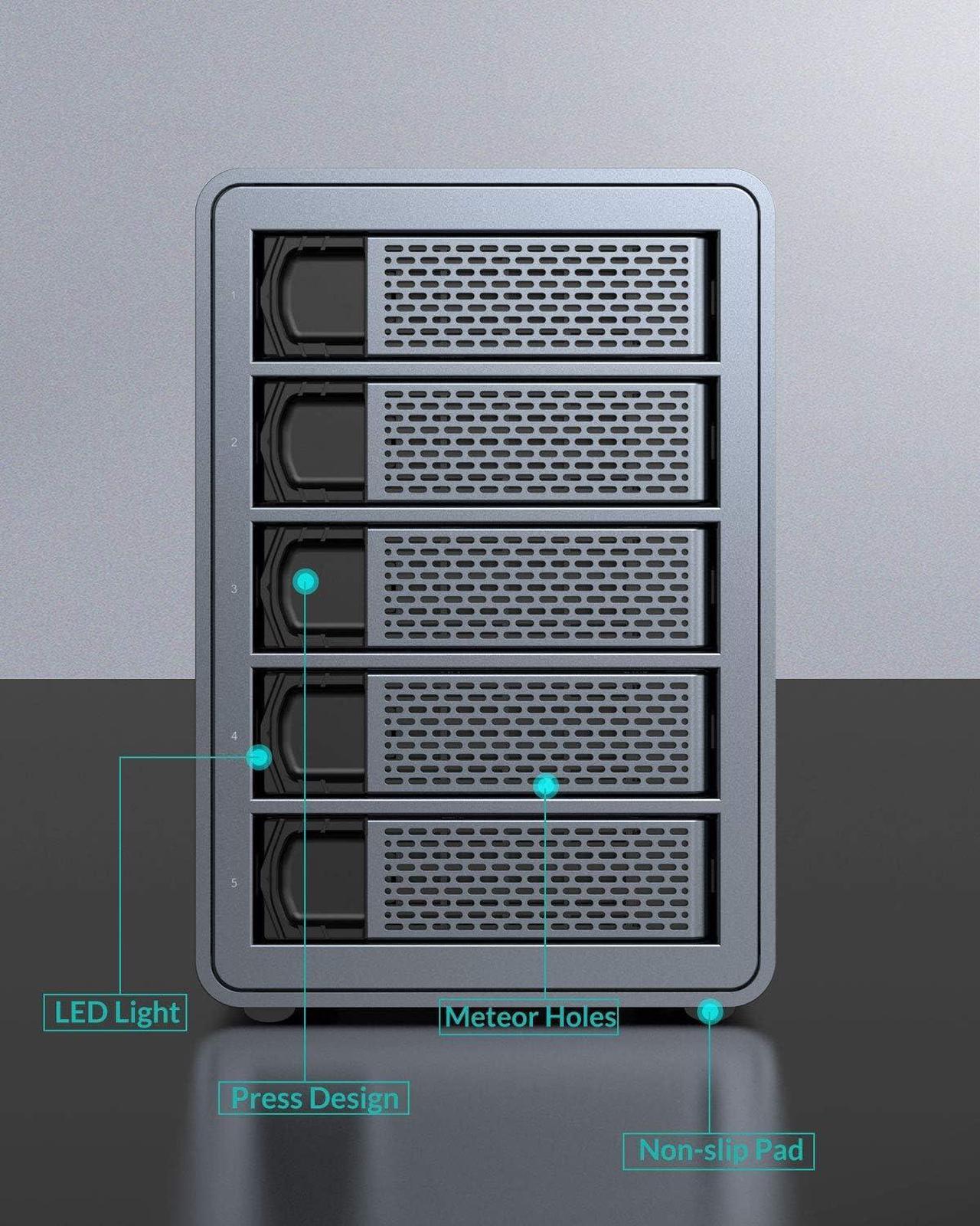 Alt view image 6 of 7 - Yottamaster 10Gbps 5 Bay USB C Hard Drive Enclosure Daisy Chain, Type-C External HDD Enclosure Support 2.5"/3.5" SATA HDD SSD up to 5X18TB - Daisy Chaining Support 270TB Storage Expansion