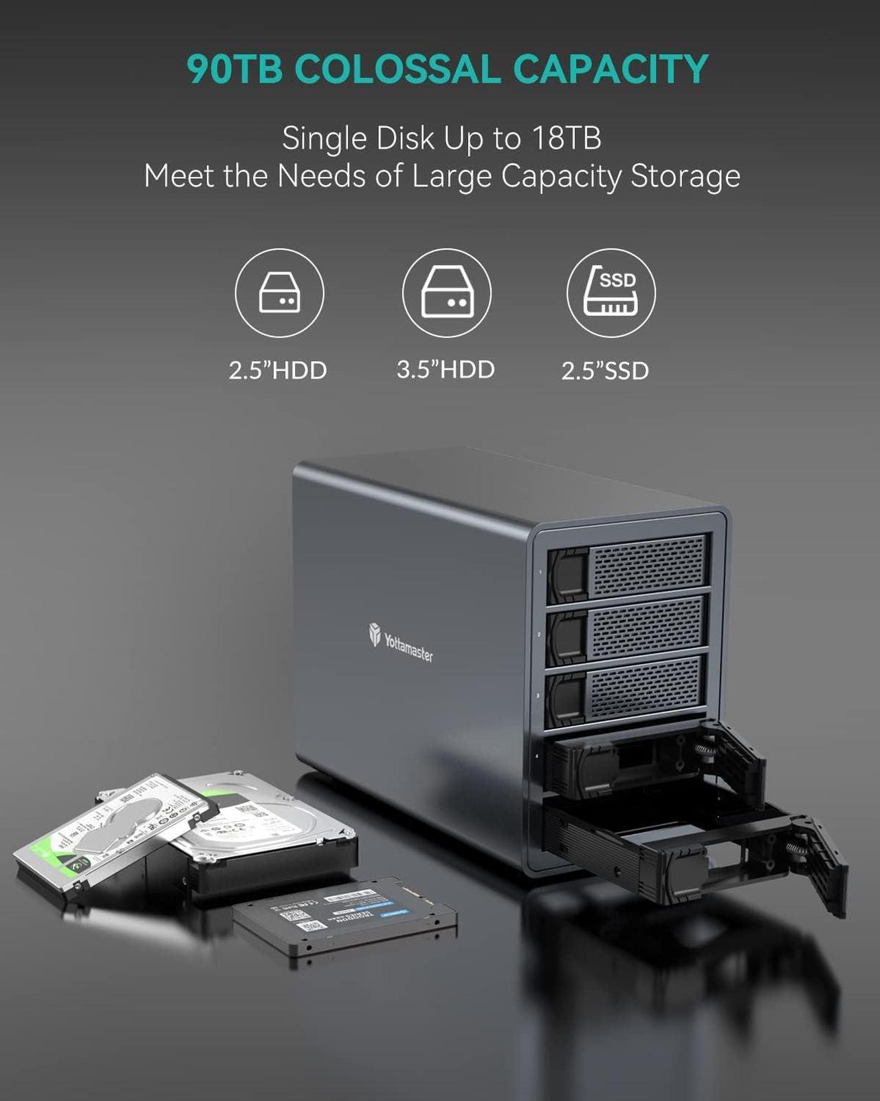 Alt view image 3 of 7 - Yottamaster 10Gbps 5 Bay USB C Hard Drive Enclosure Daisy Chain, Type-C External HDD Enclosure Support 2.5"/3.5" SATA HDD SSD up to 5X18TB - Daisy Chaining Support 270TB Storage Expansion