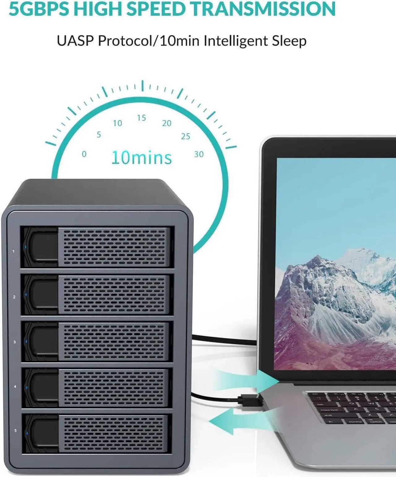 Alt view image 5 of 7 - Yottamaster 5 Bay RAID External Hard Drive Enclosure 2.5" 3.5" USB3.0 to SATA HDD SSD Enclosure,Support 90TB & RAID 0/1/5/10/JBOD RAID Mode Hard Drive RAID Storage for NAS Expansion