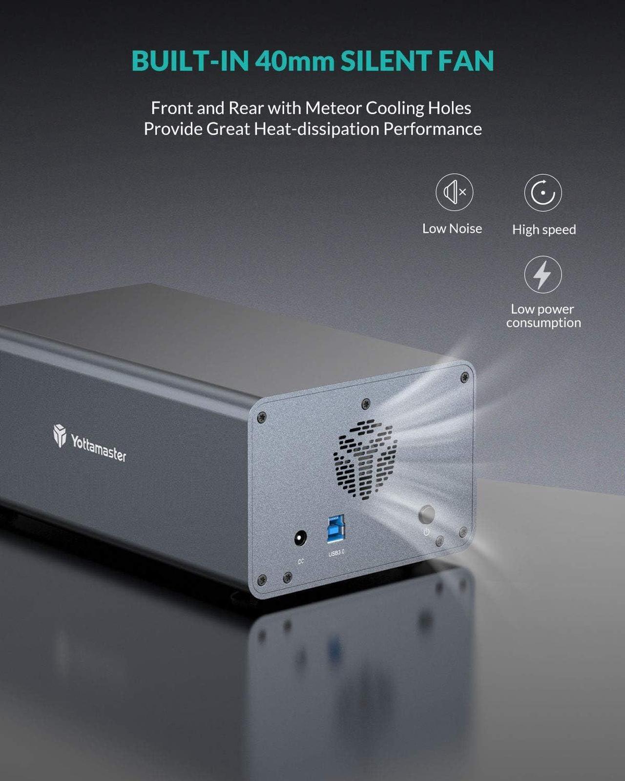 Alt view image 7 of 7 - Dual Bay Hard Drive Enclosure,Yottamaster Aluminum USB3.0 2 Bay HDD Enclosure for 2.5"/3.5" SATA HDD/SSD Support 2 x 16 TB, 40mm Silent Fan, SATA 3.0 6Gbps