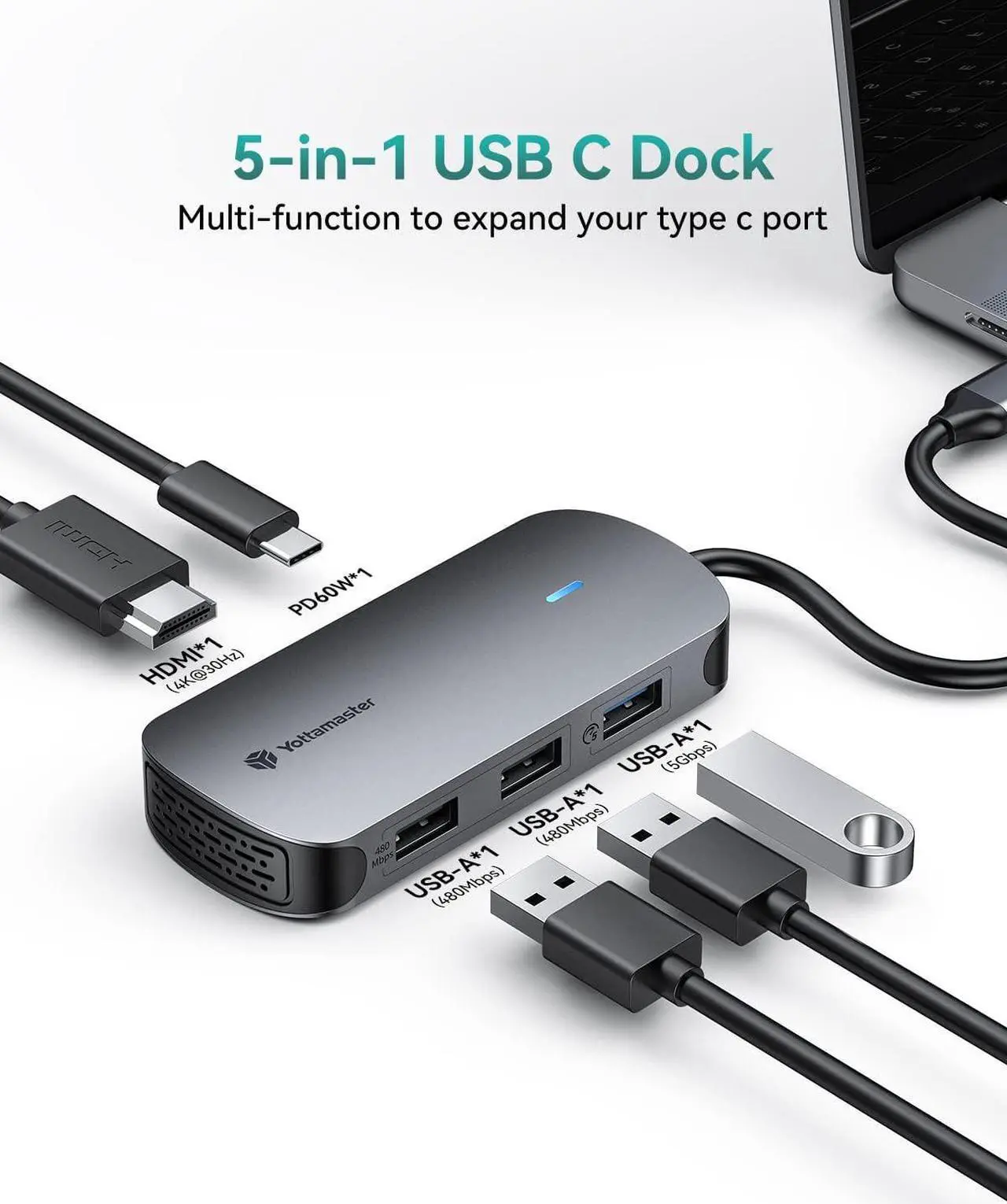 AorZ 5-in-1 USB C Hub With 4K HDMI, USB 3.0 Ports & PD Charging - Compatible With Steam Deck, MacBook & Type C Devices