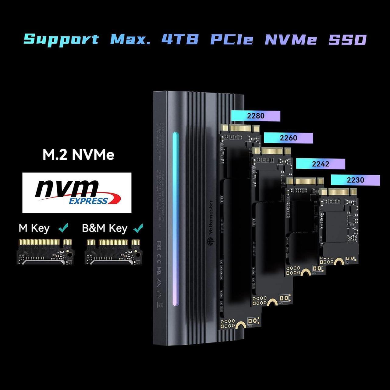 Alt view image 3 of 14 - M.2 NVME SSD Enclosure for Gaming RGB, Yottamaster 10Gbps USB 3.1 Gen 2 SSD Enclosure, Aluminum NVMe Enclosure Support UASP Trim, Fits 2280/2260/2242/2230 M Key/B+M Key, up to 4TB (Silver)