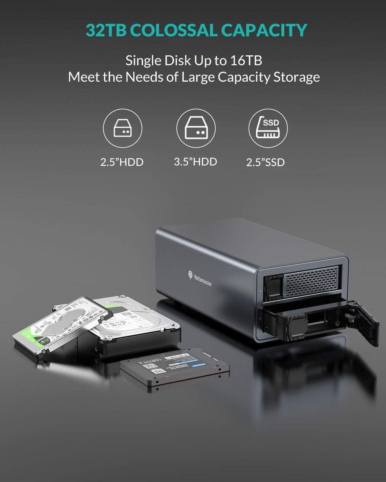 Alt view image 2 of 7 - Yottamaster 2 Bay RAID External Hard Drive Enclosure for 2.5" & 3.5" SATA Hard Drives, USB3.0 RAID Enclosure Support 36TB & RAID 0/1/JBOD/Clone/PM, RAID Drive Storage for Video Photo Backup [FS2RU3]