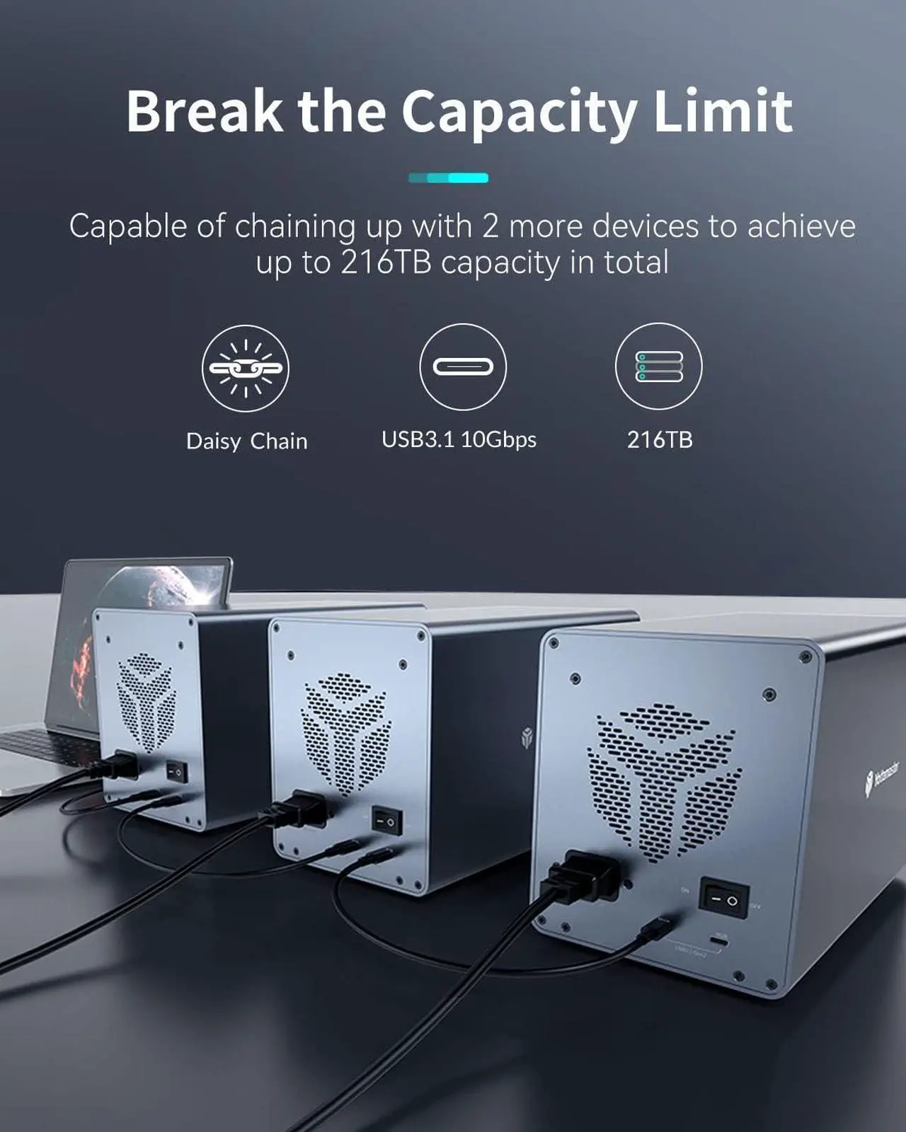Alt view image 3 of 7 - Yottamaster 10Gbps 4 Bay Type-C Hard Drive Enclosure Daisy Chain, External HDD Enclosure Support 2.5" &3.5" SATA HDD/SSD up to 4X18TB, Daisy Chain DAS Support 216TB Storage Expansion Non-RAID [FS4C3]