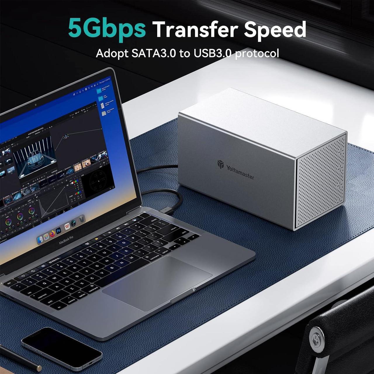 Alt view image 5 of 7 - Yottamaster 4 Bay Hard Drive Enclosure, Aluminum 4 Bay SATA 2.5/3.5 Inch External HDD Enclosure SATA3.0, Support 64TB (4 x16TB),Non-RAID Direct Attached Storage (DAS) with Fan Data Storage [PS400U3]