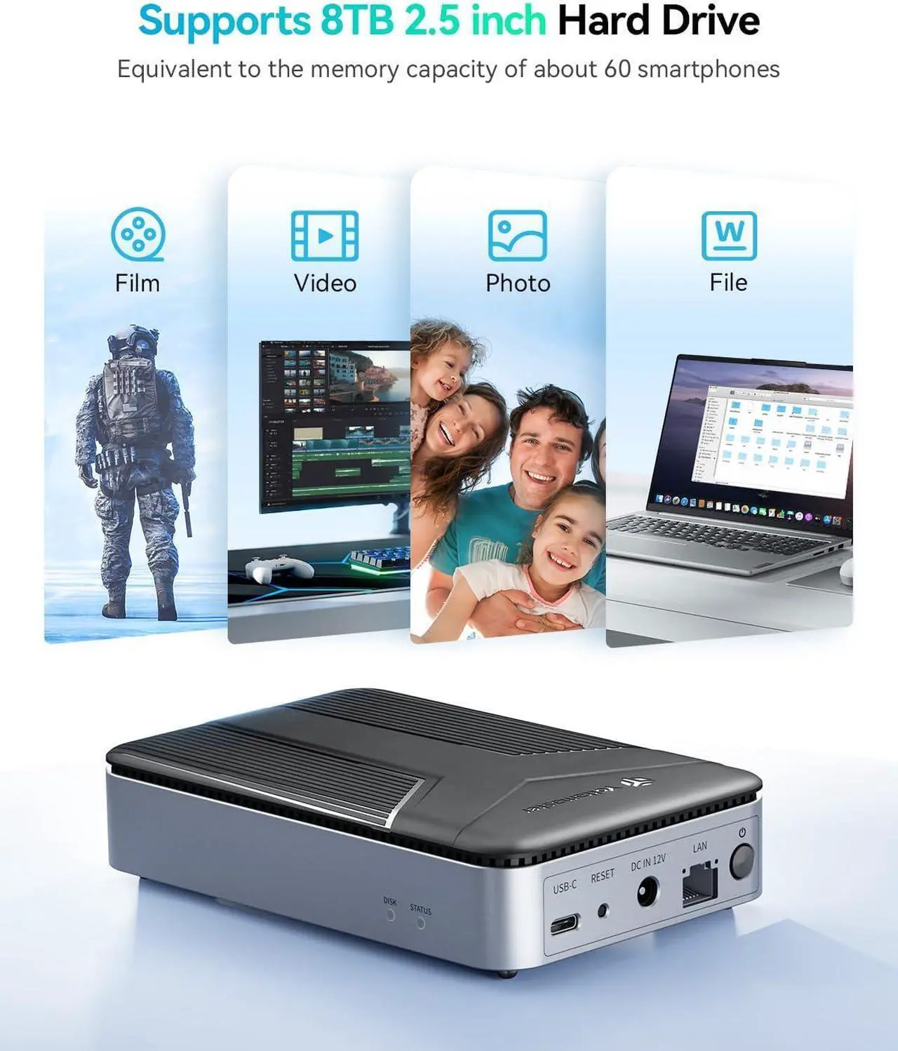 Alt view image 6 of 7 - Yottamaster NAS Enclosure for 2.5" SATA HDD/SSD, 1 Bay Network Attached Storage, 1GbE Port, 1GB RAM DDR4, Personal Private Cloud, Network Hard Drive Enclosure Ethernet (Diskless)
