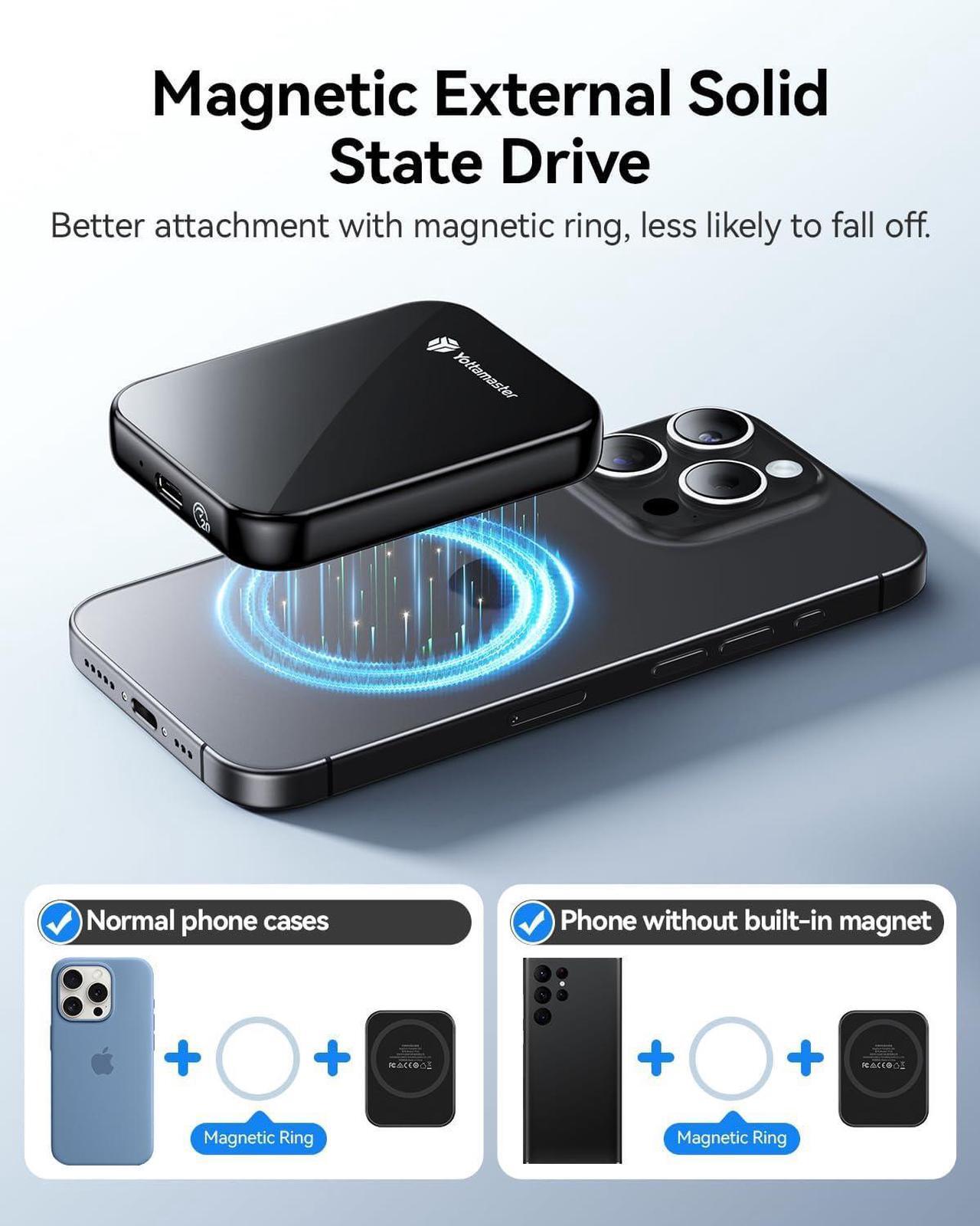 Alt view image 5 of 7 - Yottamaster 2TB Magnetic External SSD, Up to 2000MB/s USB 3.2 Gen 2x2 Portable Solid State Drive, Supports 4K ProRes HDR Compatible with iPhone 16/15 Pro Max, Smartphone, Tablet, Laptop - PF20