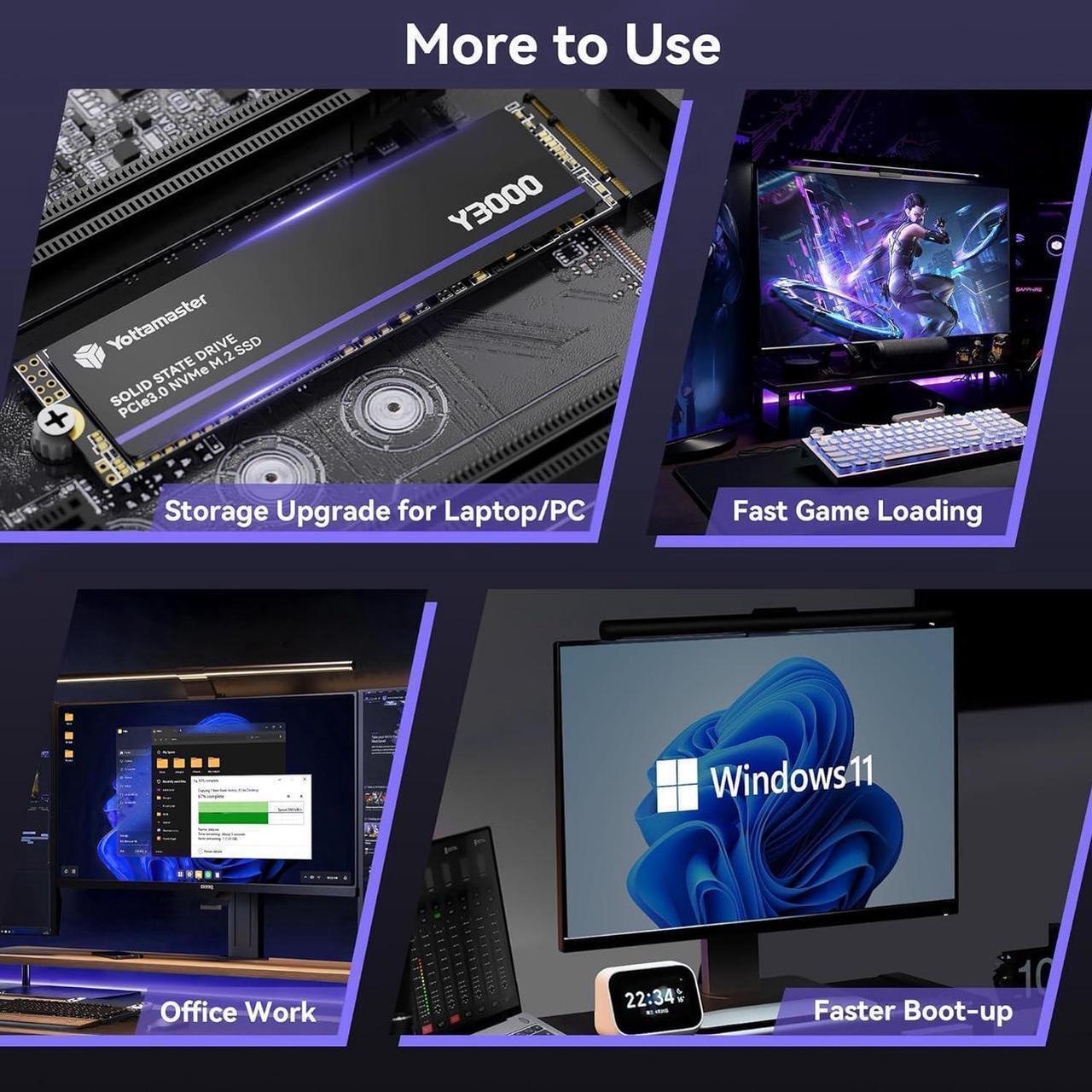 Alt view image 3 of 7 - Yottamaster Y3000 1TB SSD M.2 PCIe 3.0, Up to 3100MB/s, M.2 2280 NVMe Internal Solid State Drive with SLC Cache 3D NAND, Upgrade Storage for PC Computer, Laptop, Gaming