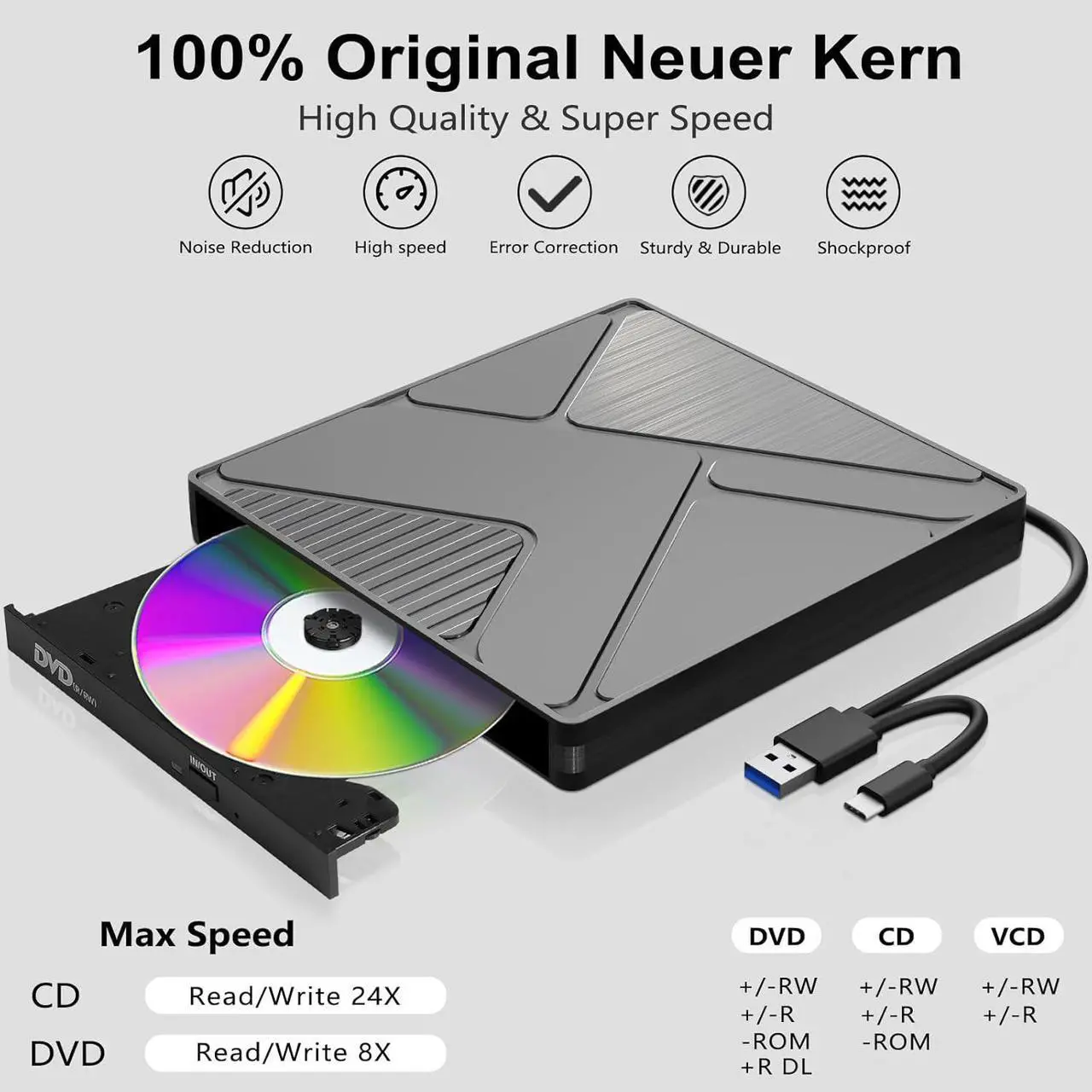 Alt view image 2 of 7 - Adiven External CD/DVD Drive for Laptop USB 3.0 Type-C CD/DVD +/-RW Burner Writer Player Optical CD ROM Disk Drive Compatible for Laptop,Desktop,MacBook,Win11 / 10/8/ 7 / XP, Linux, Mac OS, Vista