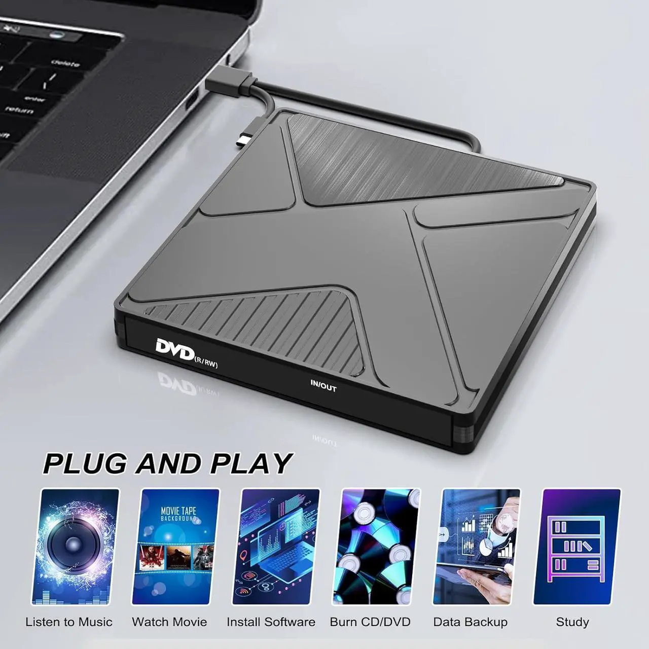 Alt view image 4 of 7 - Adiven External CD/DVD Drive for Laptop USB 3.0 Type-C CD/DVD +/-RW Burner Writer Player Optical CD ROM Disk Drive Compatible for Laptop,Desktop,MacBook,Win11 / 10/8/ 7 / XP, Linux, Mac OS, Vista
