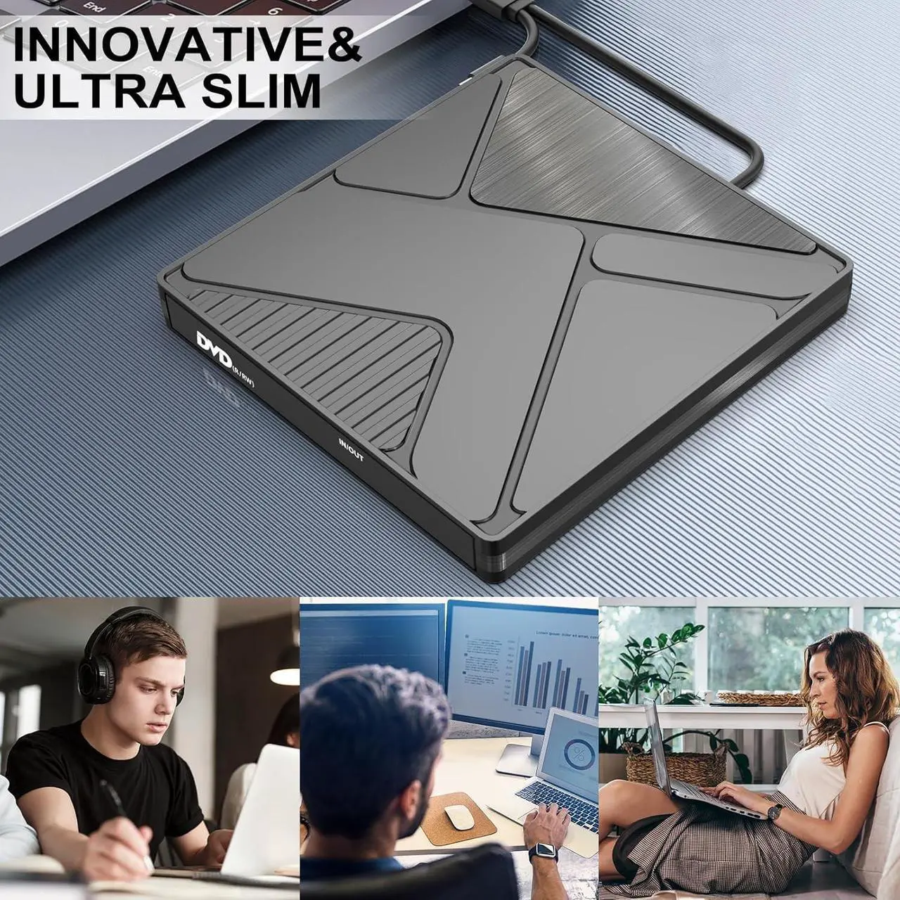 Alt view image 5 of 7 - Adiven External CD/DVD Drive for Laptop USB 3.0 Type-C CD/DVD +/-RW Burner Writer Player Optical CD ROM Disk Drive Compatible for Laptop,Desktop,MacBook,Win11 / 10/8/ 7 / XP, Linux, Mac OS, Vista