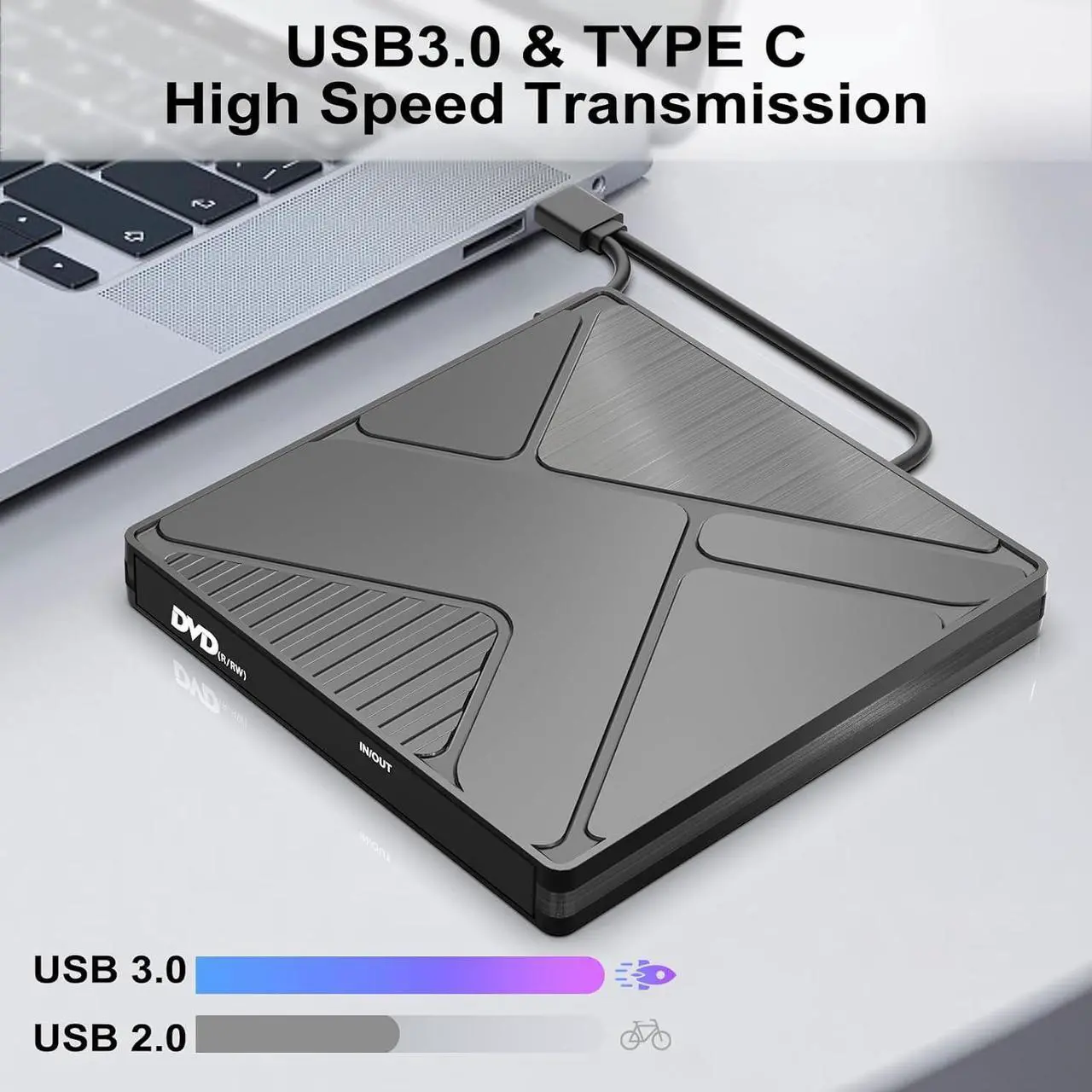 Alt view image 6 of 7 - Adiven External CD/DVD Drive for Laptop USB 3.0 Type-C CD/DVD +/-RW Burner Writer Player Optical CD ROM Disk Drive Compatible for Laptop,Desktop,MacBook,Win11 / 10/8/ 7 / XP, Linux, Mac OS, Vista