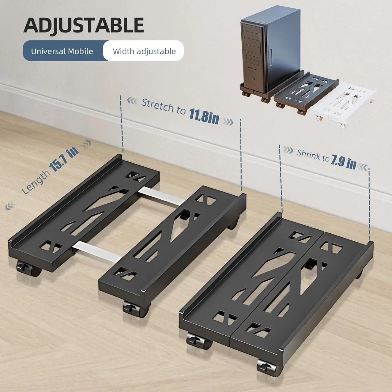 Alt view image 2 of 7 - Adjustable Mobile CPU Stand, Ventilated Computer Tower Stand with 4 Caster Wheels Fits Most PC Tower, Under Desk CPU Holder PC Floor Cart Computer Riser for Gamers and Students (Black)
