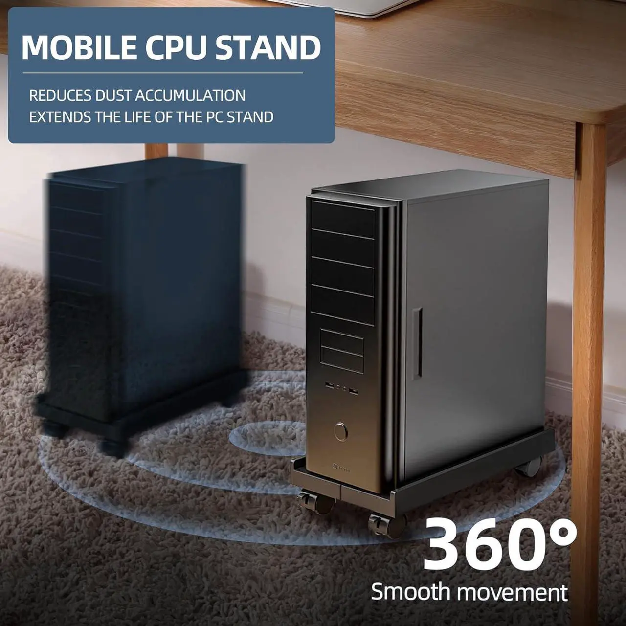 Alt view image 3 of 7 - Adjustable Mobile CPU Stand, Ventilated Computer Tower Stand with 4 Caster Wheels Fits Most PC Tower, Under Desk CPU Holder PC Floor Cart Computer Riser for Gamers and Students (Black)