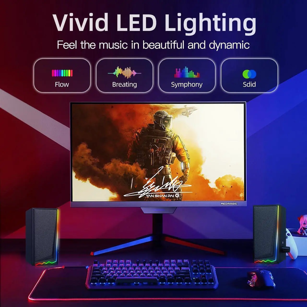 Alt view image 6 of 7 - Adiven Computer Speakers with 3.5 mm Aux,Desktop Speakers with Various Colorful RGB Lights,Gaming Speakers with Volume Control,Computer Speakers for PC/Desktop Monitor/Laptop/Tablet Phone