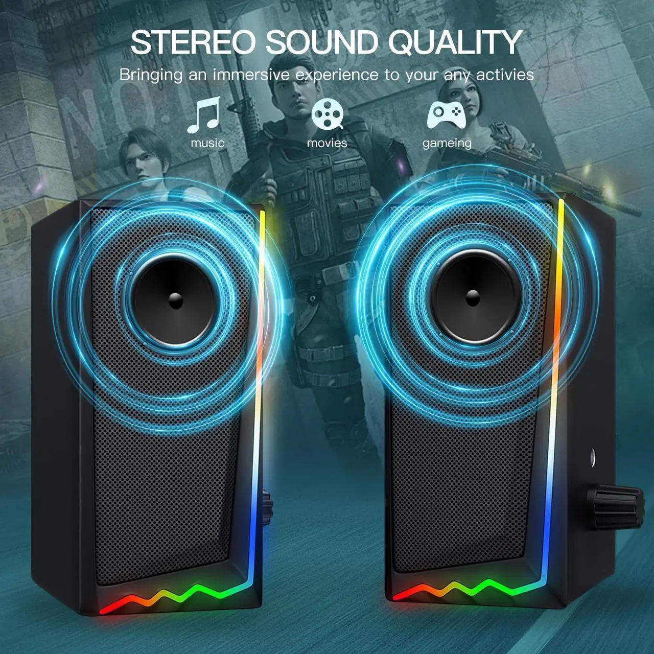 Alt view image 2 of 7 - Adiven Computer Speakers with 3.5 mm Aux,Desktop Speakers with Various Colorful RGB Lights,Gaming Speakers with Volume Control,Computer Speakers for PC/Desktop Monitor/Laptop/Tablet Phone