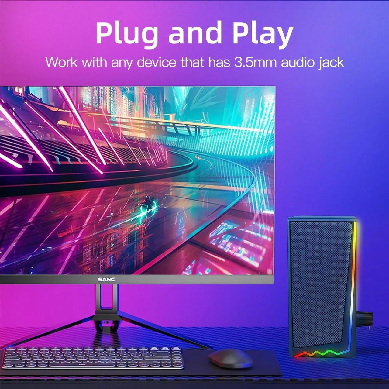 Alt view image 3 of 7 - Adiven Computer Speakers with 3.5 mm Aux,Desktop Speakers with Various Colorful RGB Lights,Gaming Speakers with Volume Control,Computer Speakers for PC/Desktop Monitor/Laptop/Tablet Phone