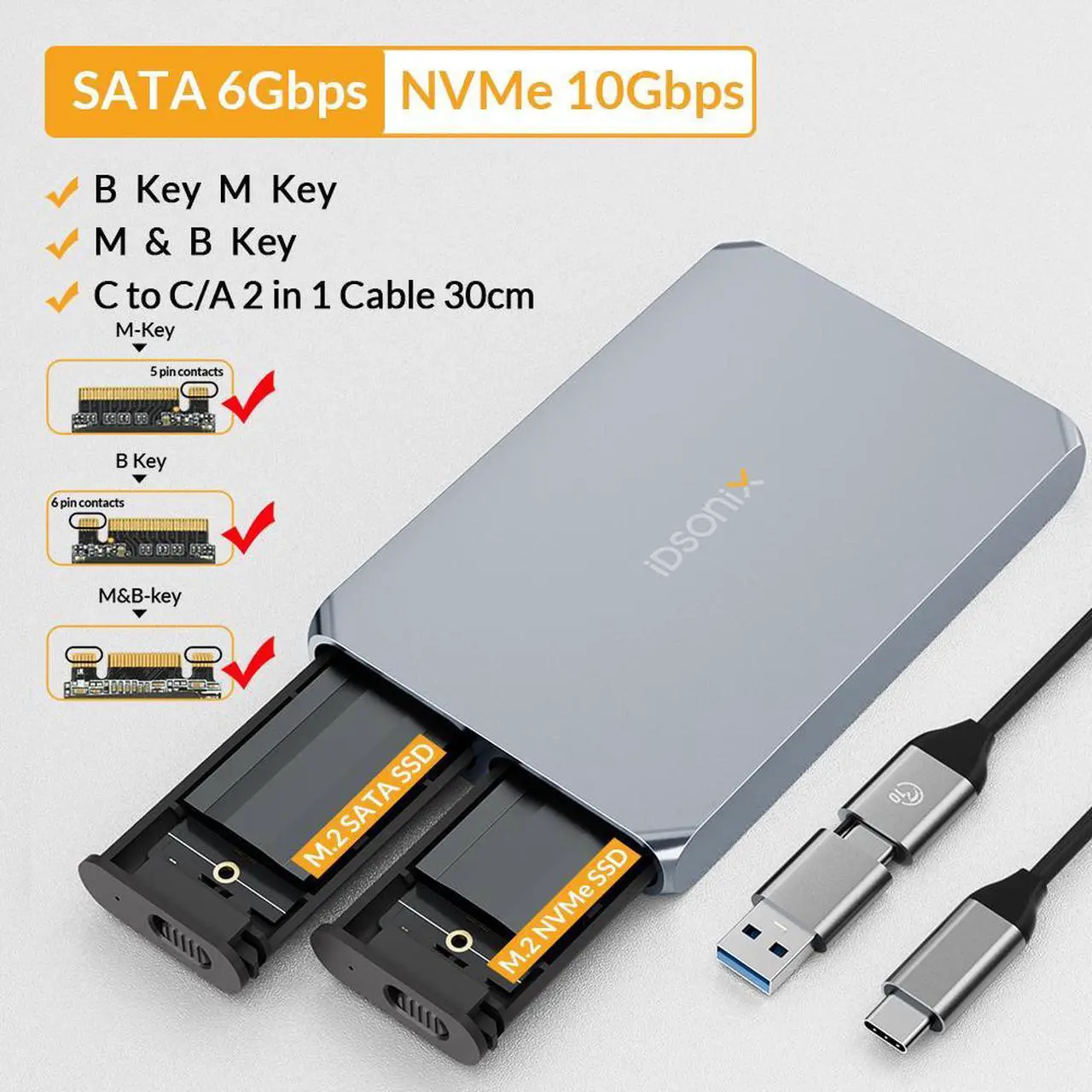 Alt view image 2 of 7 - iDsonix Dual-Bay M.2 NGFF/NVMe SATA SSD Hard Drive Enclosure USB3.1 Gen2 10Gbps
