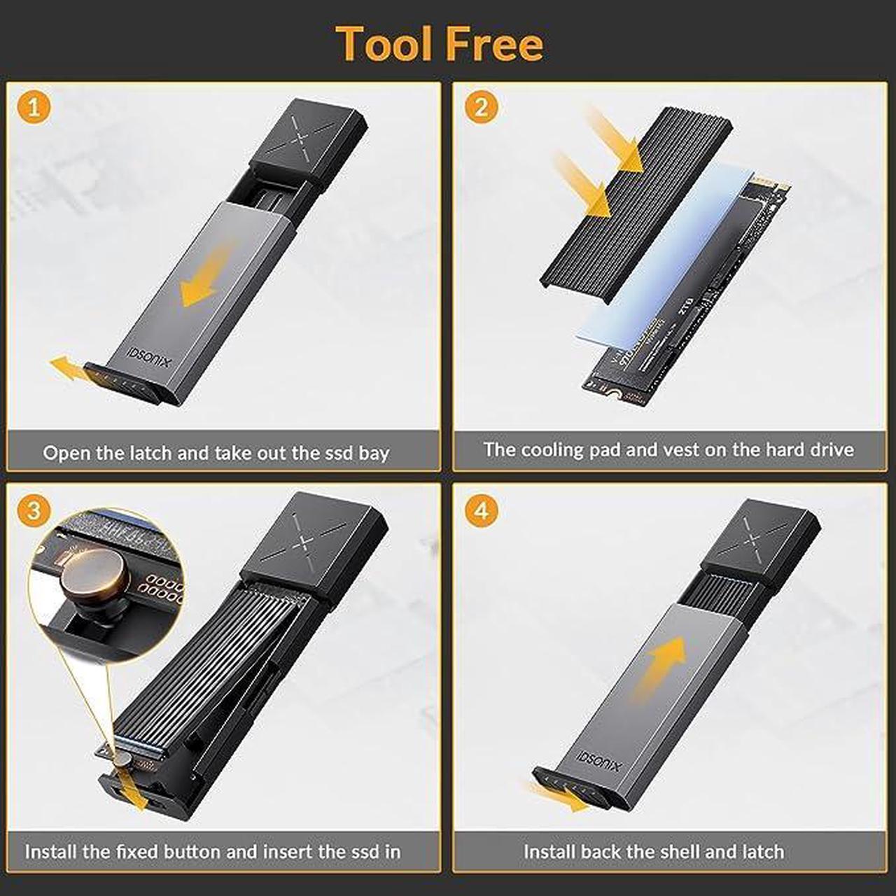 Alt view image 6 of 6 - iDsonix M.2 NVMe PCIe SSD Enclosure Adapter[Tool Free][Aluminum], NVMe to USB C 3.2 Gen 2 10Gbps NVMe PCIe External Enclosure, Supports M-Key/B+M Key, with UASP Trim for 2230/2242/2260/2280 SSD