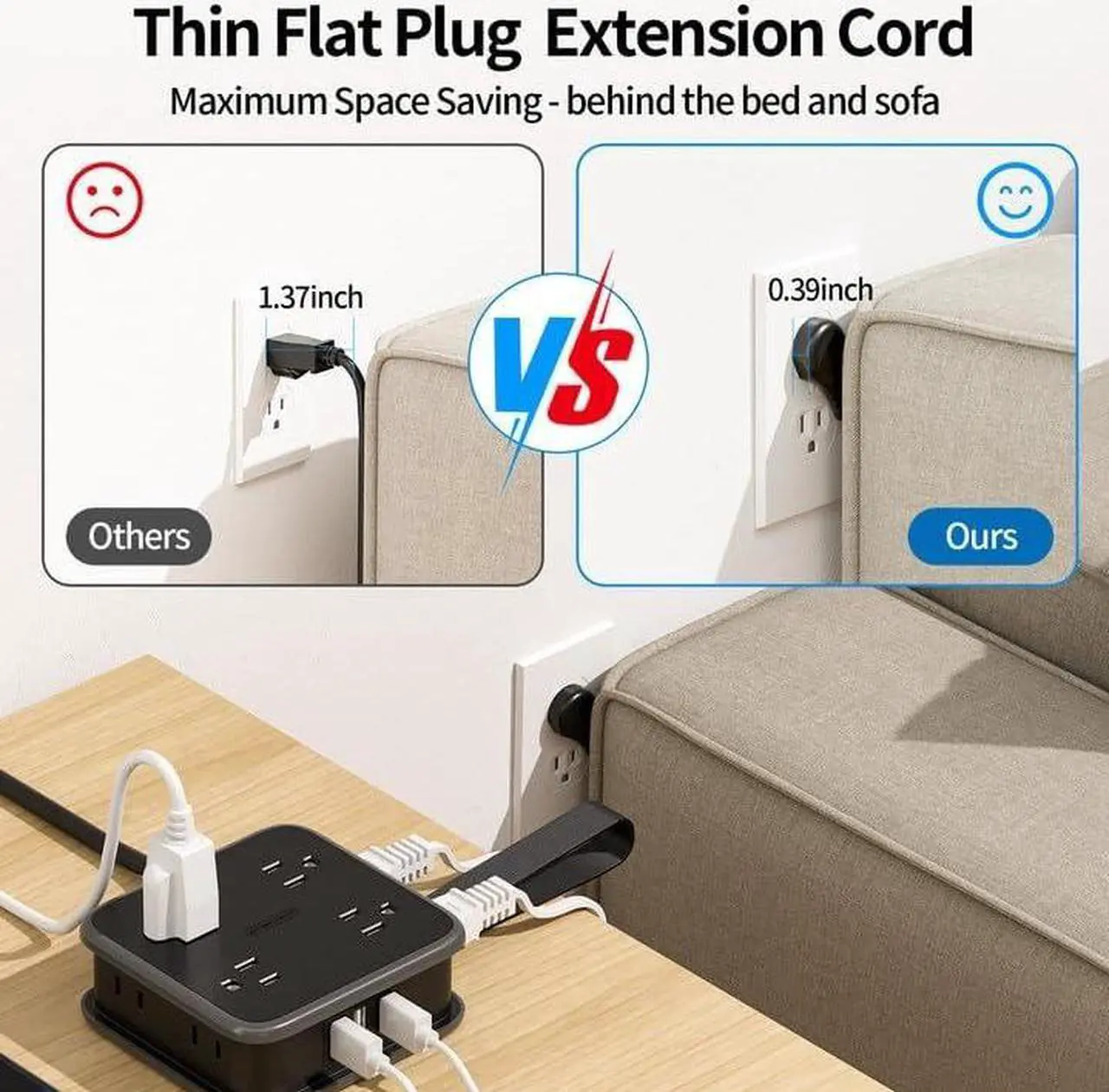 Alt view image 6 of 6 - NTONPOWER Flat Plug Power Strip with 8 Widely Outlets and 3 USB Ports, 5 ft Wrapped Around Extension Cord, 3 Side Outlet Extender, Wall Mount, Overload Potection, Idea for Home, Dorm Room, Travel - UL